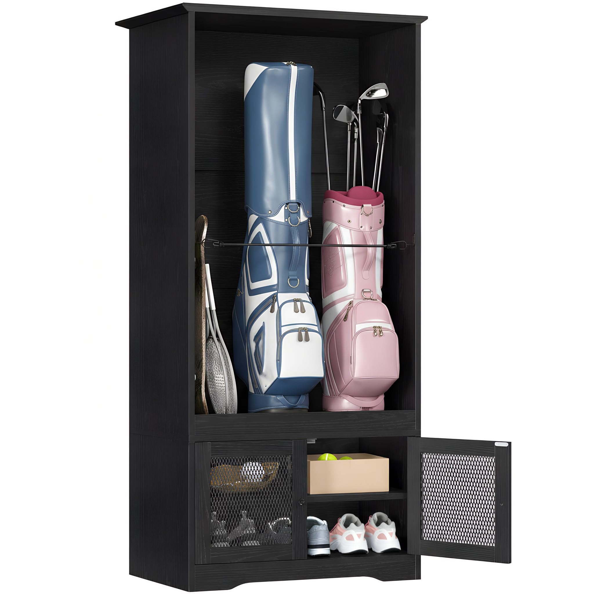 YITAHOME Wooden Golf Bag Organizer, Multifunctional Storage Cabinet for 2 Golf Bags, Clubs, Shoes, Golf Storage Organizer for Ga