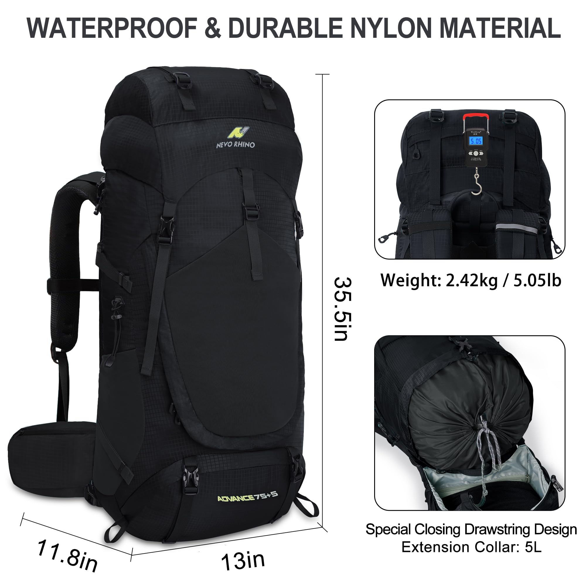N Nevo Rhino Internal Frame Hiking Backpack 50/60/65/70/80L, Mountain Climbing Camping Backpack Daypack Waterproof Rain Cover
