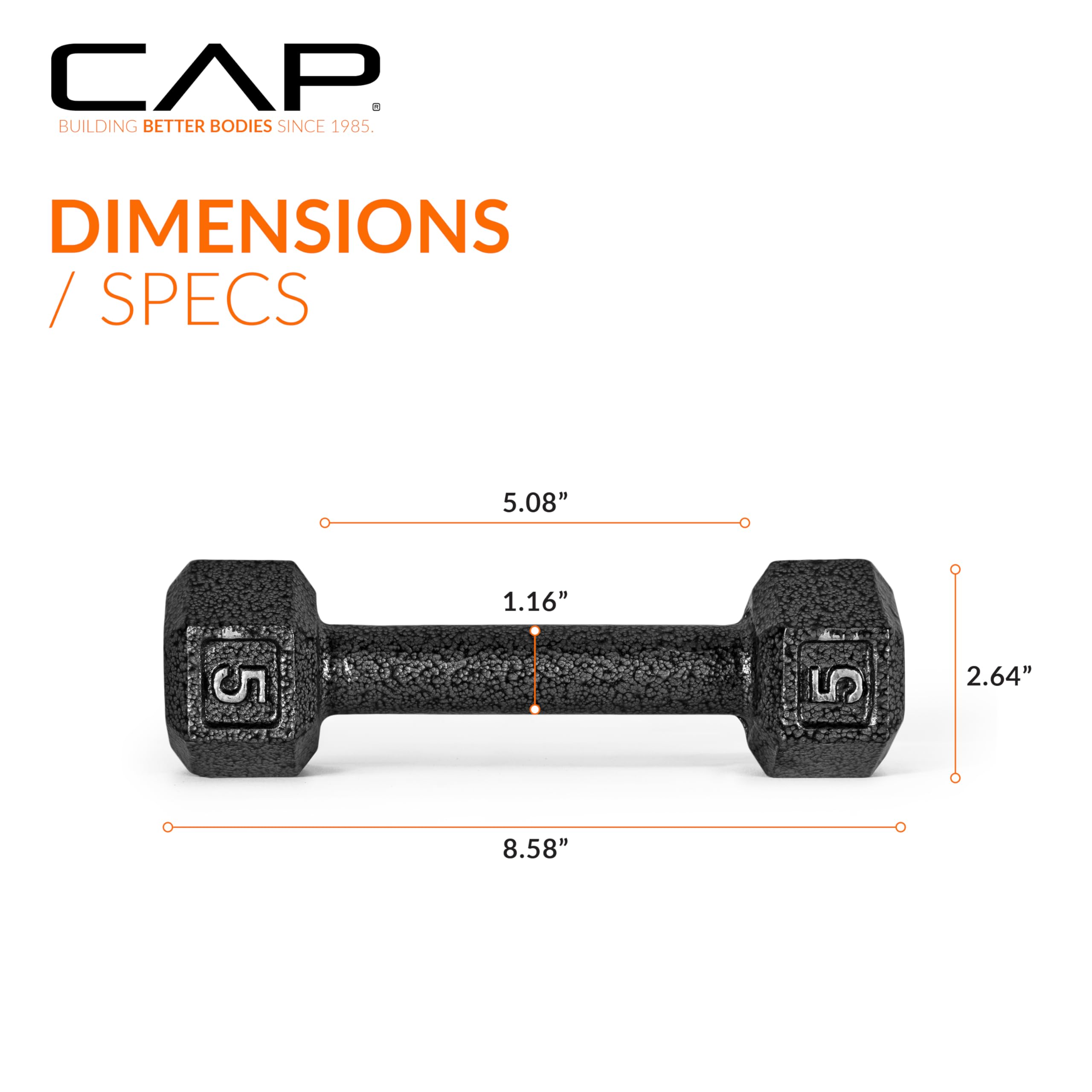 Cap Barbell Cast Iron Hex Dumbbell Weights (Pair), Black, 5 Lb