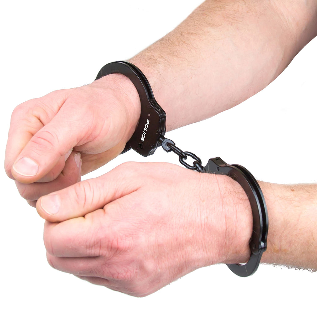 Police Handcuffs Double Lock Steel Professional Law Enforcement Heavy Duty Metal - Black