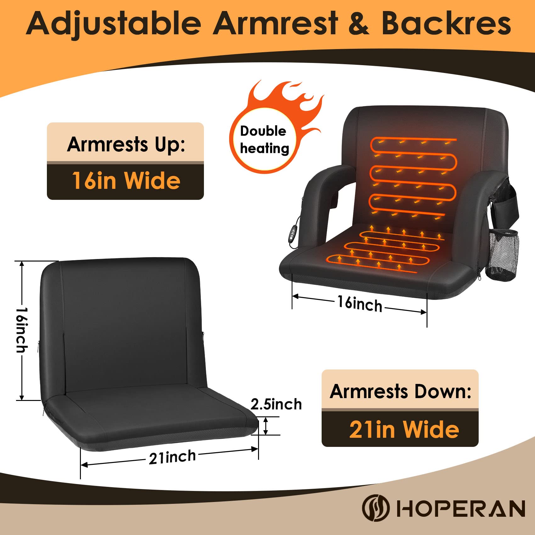 HOPERAN Double Heated Stadium Seats for Bleachers with Back Support 21 Wide Cushion, Extra Portable Bleacher Seat Foldable Stadi