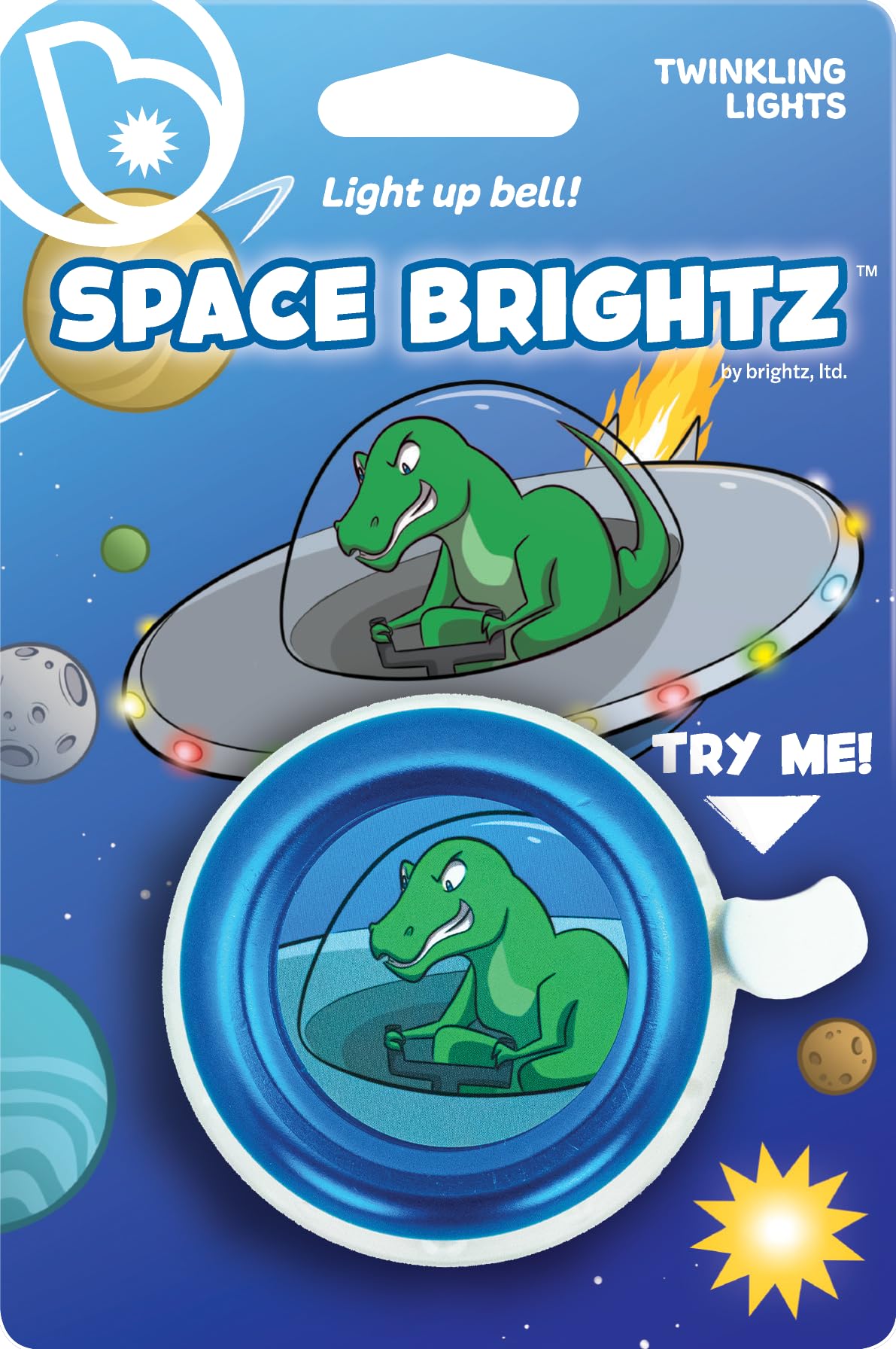 Space Brightz - Light Up Dinosaur Blue Kids Bike Bell - Bike Bell for Boys, Boys Bike Bell, Bicycle Bell