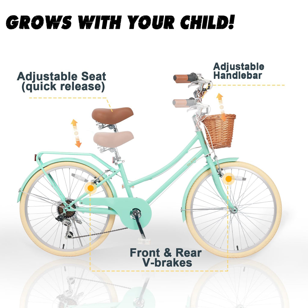 Glerc 24 Inch Beach Cruiser Bike, 6-Speed Hybrid City Bicycle for Girls Youth and Over 6 Years Old, Missy Bike with Wicker Baske