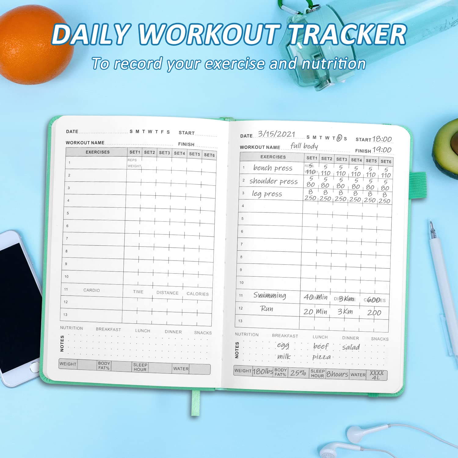 Epewizd Fitness Journal Hardcover 6- Month Workout Planner Undated Workout Log Book Home Gym Accessories For Women And Man(Green