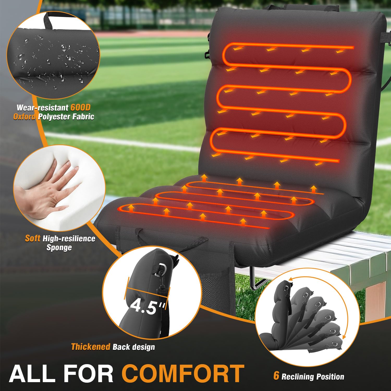 HOPERAN Heated Stadium Seats for Bleachers with Back Support - 3 Levels Bleacher Chairs with Back and Cushion, Wide & Soft Thick