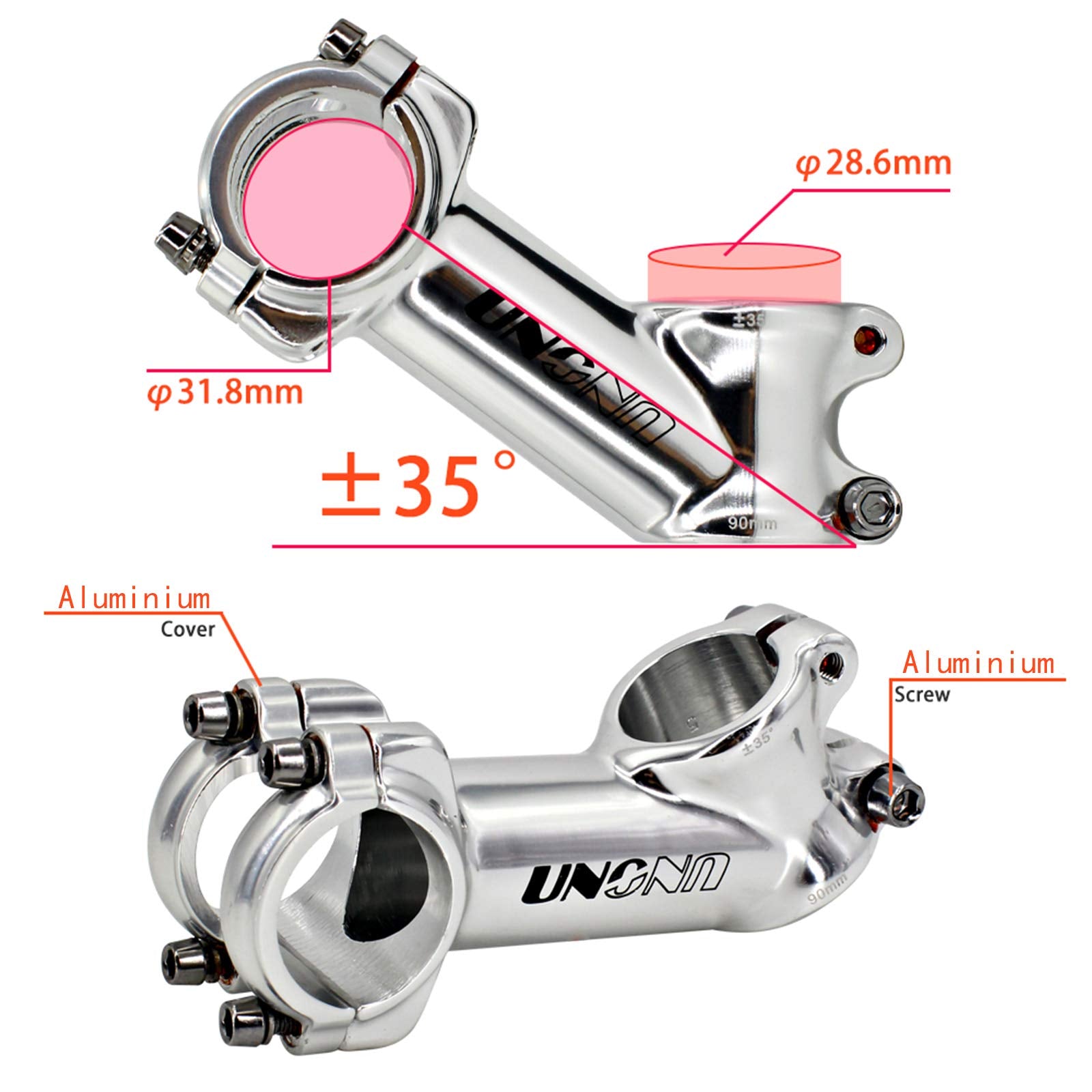 Meische 31.8 Stem 90Mm Mountain Bike Stem, 35 Degree Bicycle Stem Riser Short Handlebar Stem For Mtb, Road Bike, Bmx(Glossy Silv