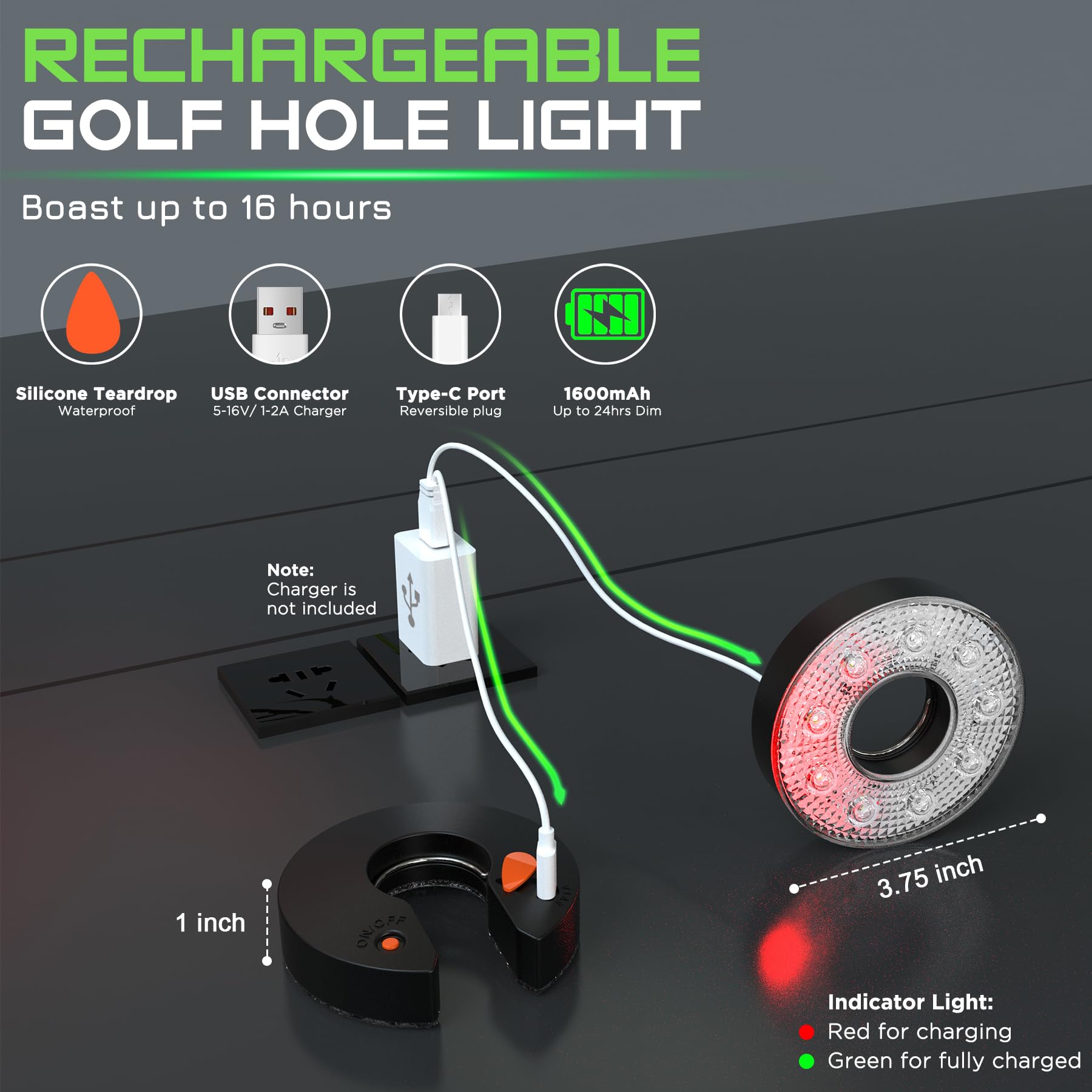 Kingtop Rechargeable Led Golf Hole Light - Waterproof, Focused Illumination Lens, Remote-Controller, Perfect For Backyard Night