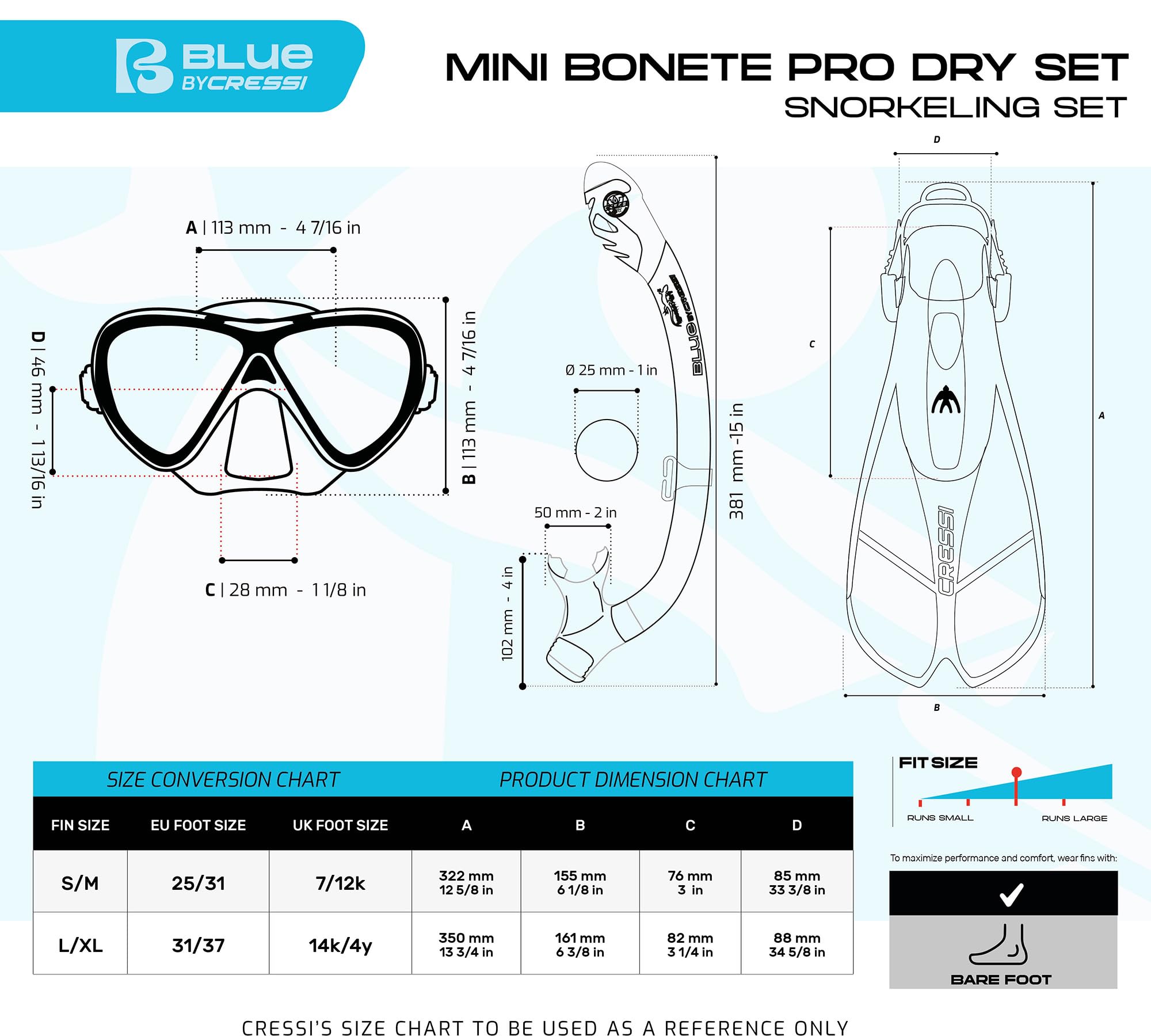 Cressi Mini Bonete Pro Dry Set, Blue/White, S/M