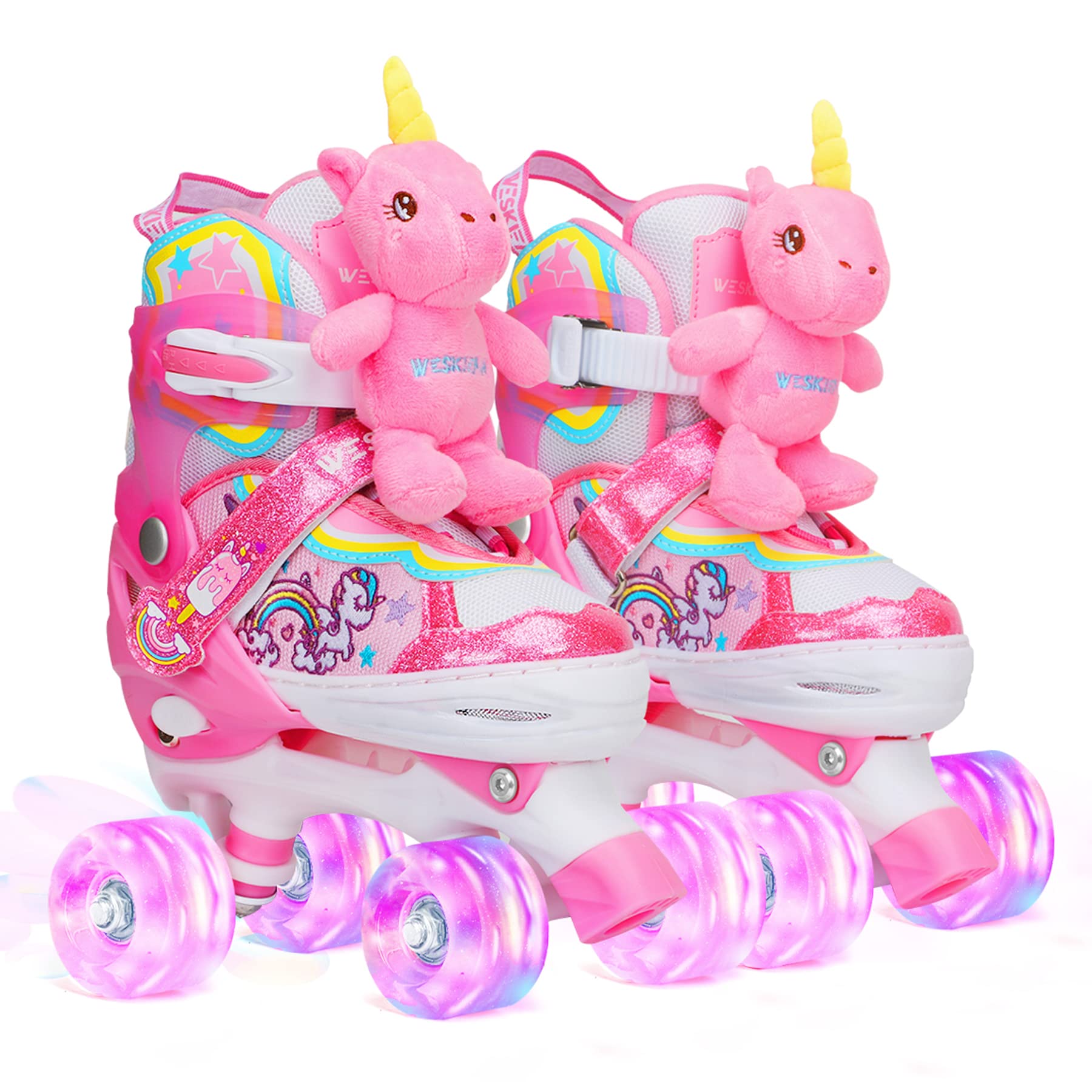Unicorn Doll Kids Toddler Roller Skates for Girls,WESKIFAN Quad Skating Shoes With Shiny Light up Wheels&Adjustable Sizes Beginn