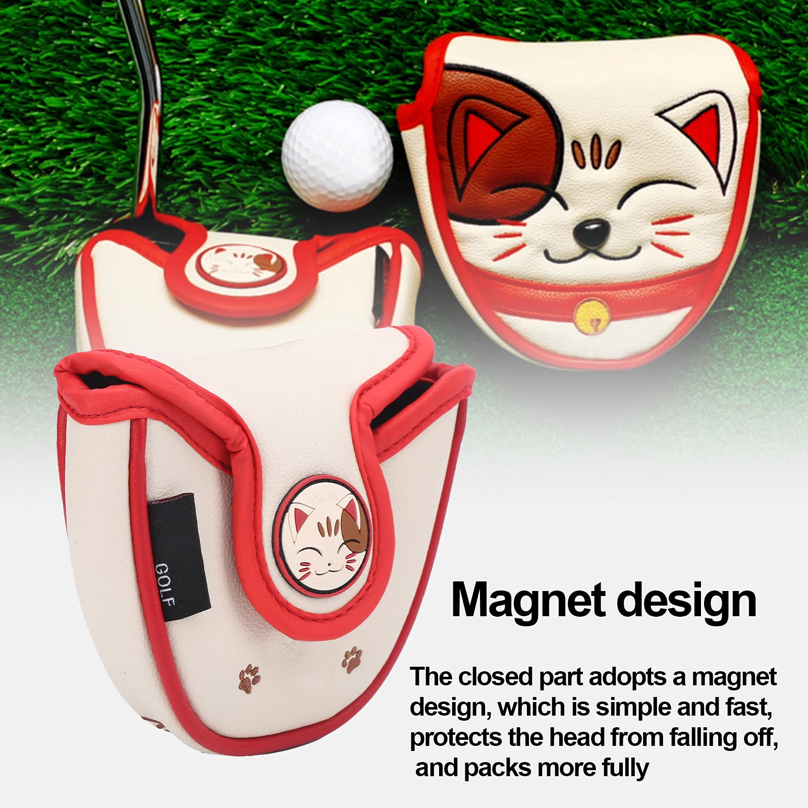 Keenso Golf Center Shaft Putter Cover, Lucky Cat Waterproof Golf Mallet Head Cover Club Center Putter Headcover Guard Protector