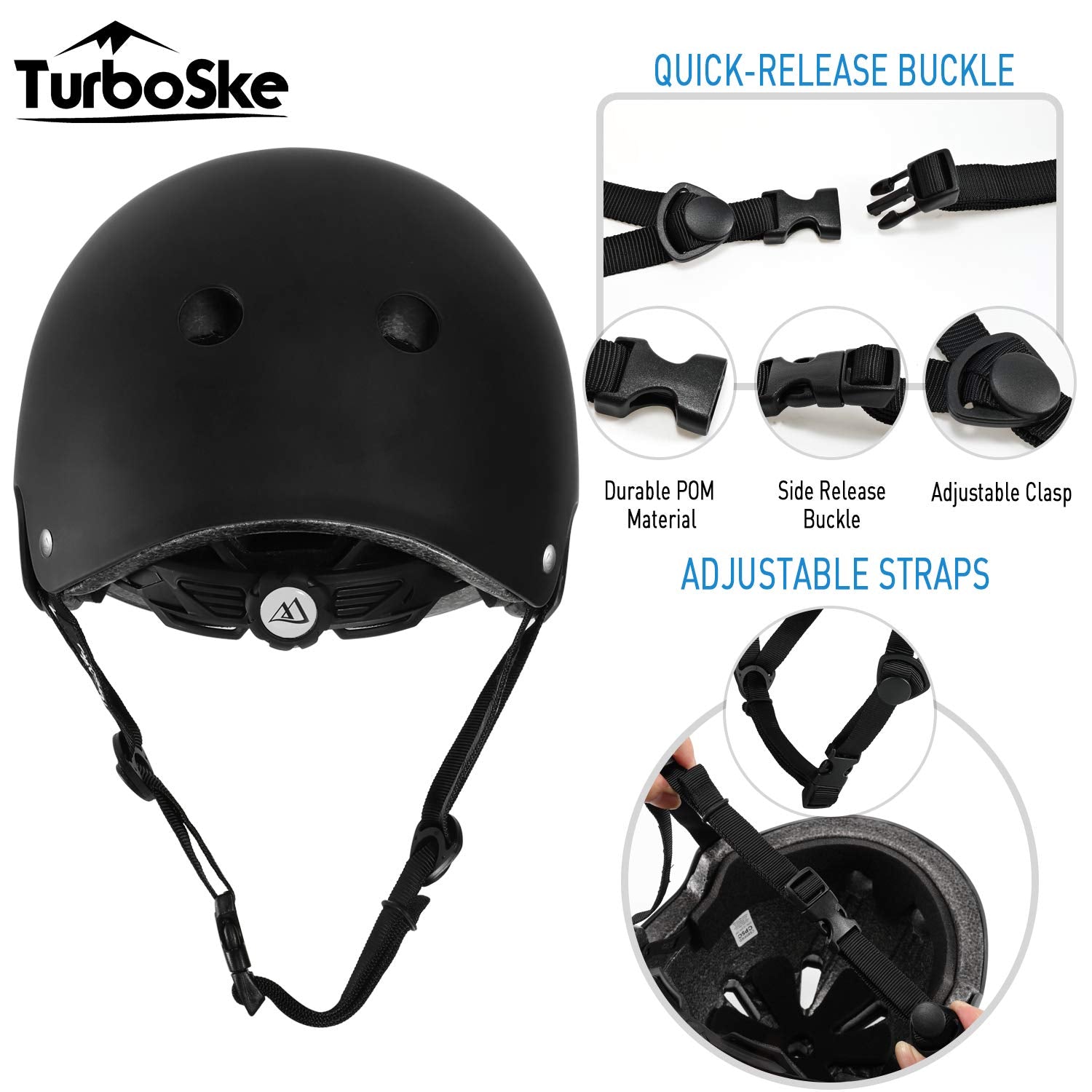Turboske Skateboard Helmet, Bmx Helmet, Multi-Sport Helmet, Bike Helmet For Kids, Youth, Men, Women (Black, S/M (20.5''-22.8''))