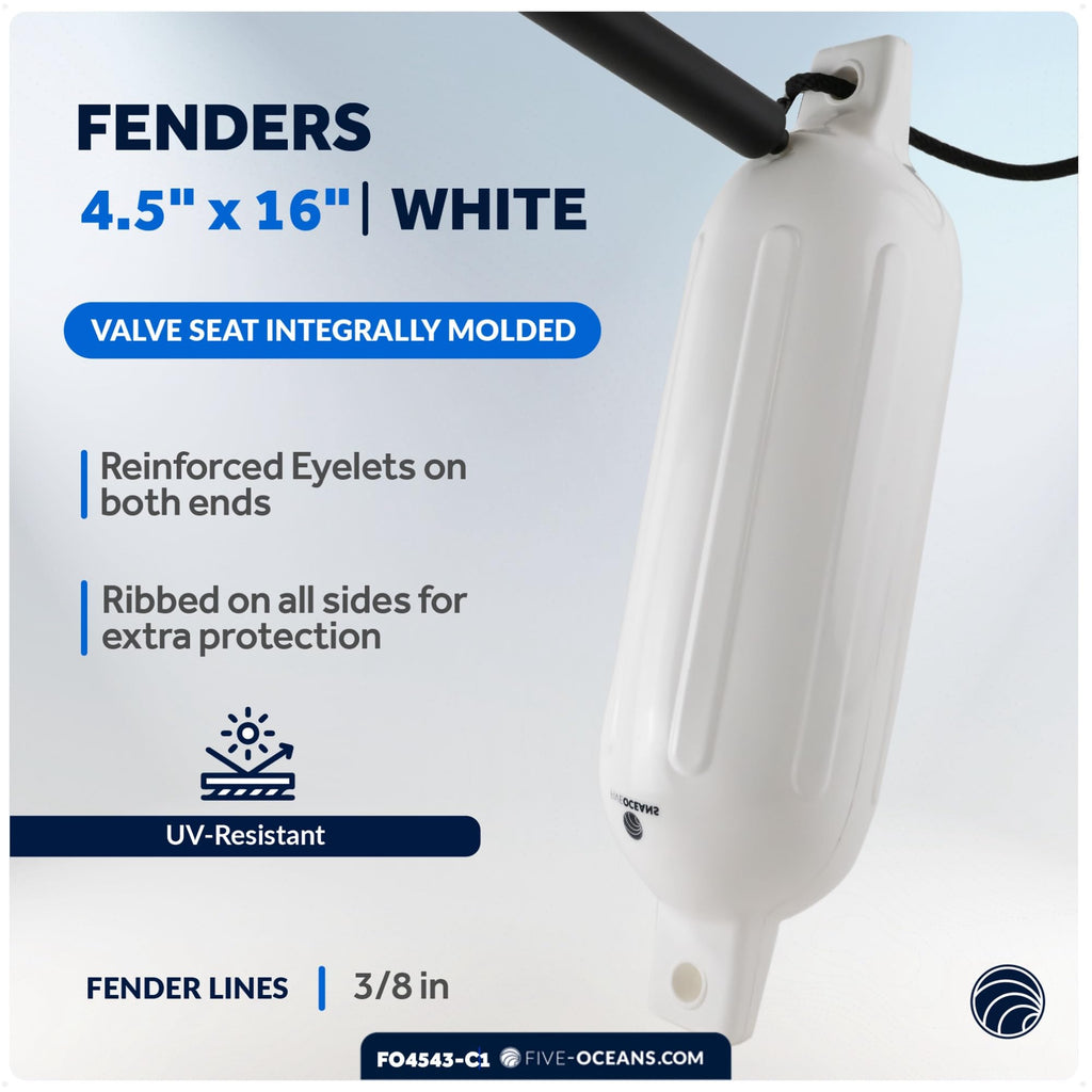 Five Oceans Boat Fenders Complete Set - Includes 4-Pack 4.5 X 16-Inch, White - Boat Bumpers Clips, Dock Lines 3/8'' X 15' - 4 Ro