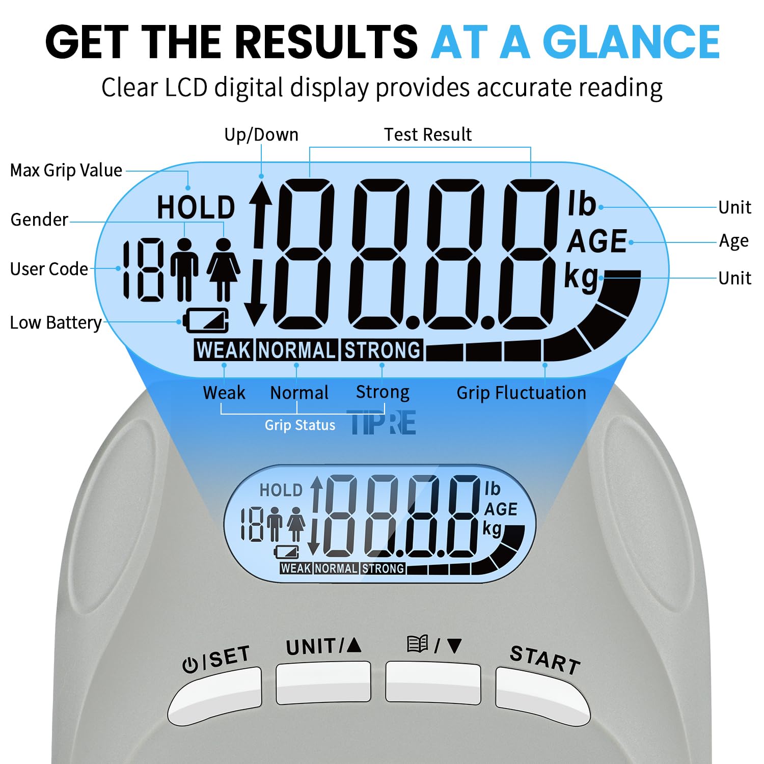 Tipre 396Lbs/180Kg Grip Strength Tester, Digital Dynamometer With Lcd Display, Adjustable Hand Grip Training Gauge, Exercisers F