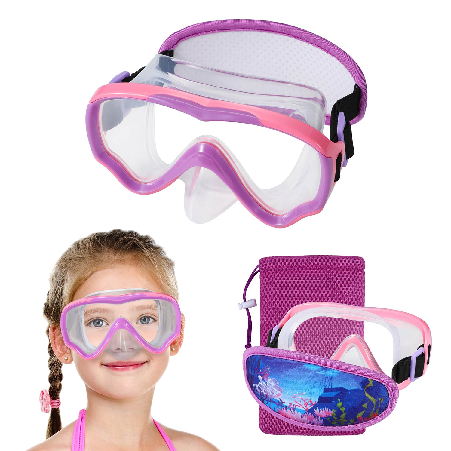 RUIGAO Kids Swim Goggles, Diving Mask Neoprene Padded No Hair Pull Strap,Pink Goggles with Nose Cover for Girls