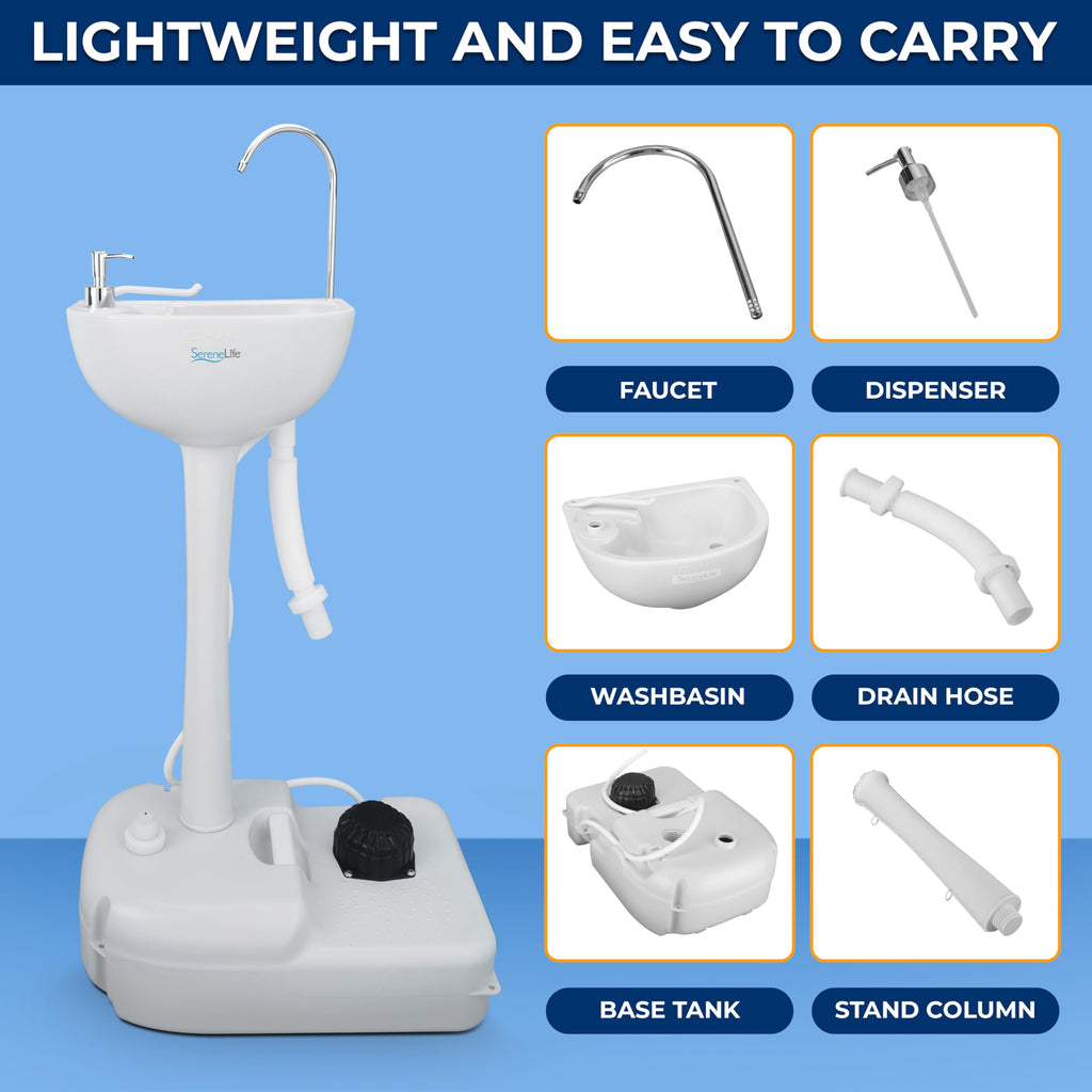 Serenelife Portable Camping Sink W/Towel Holder & Soap Dispenser-19L Water Capacity Hand Wash Basin Stand W/Rolling Wheels-For O