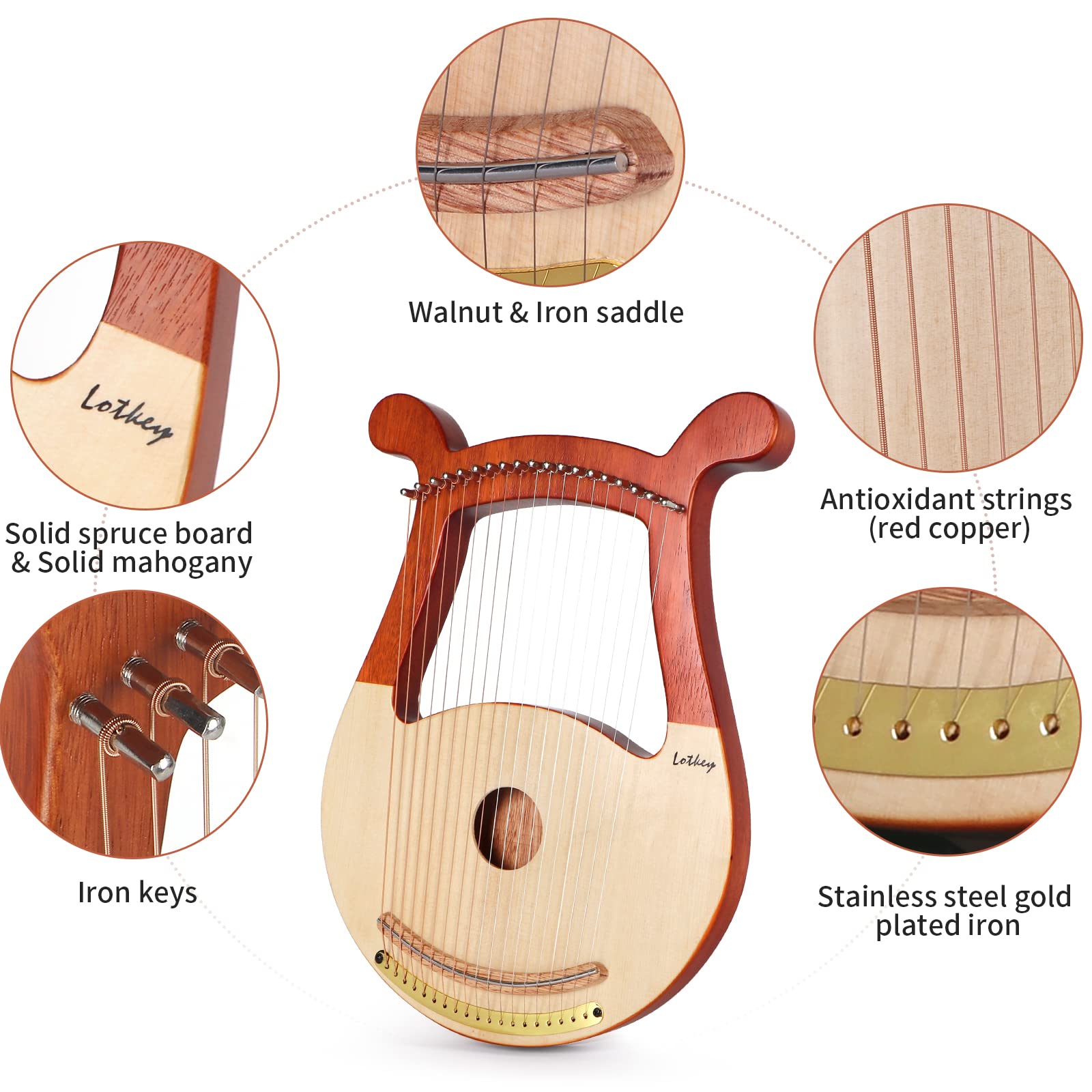 Lyre Harp, Lotkey 19 Metal Strings Harp Iron Saddle Solid Spruce Board Lyre Harp With Tunning Wrench, Extract Strings, Manual An