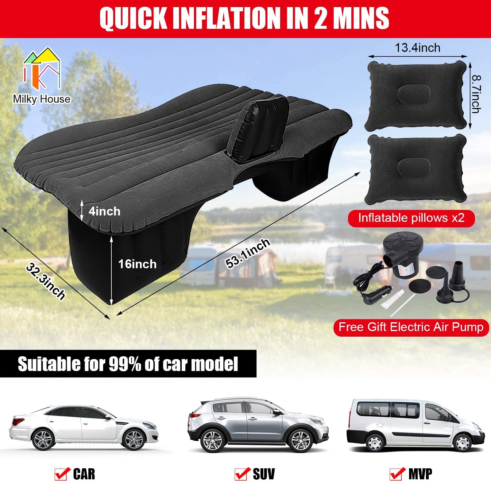 Milky House Car Bed Inflatable Mattress, Inflatable Car Travel Bed Mattress, Car Mattress Back Seat Rv Bed Mattresses For Automo