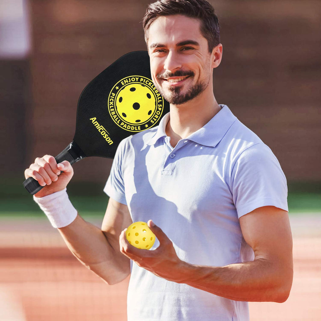 Amicoson Pickleball Paddles - Set Of 4 Paddles, Indoor & Outdoor Balls, Paddle Wood Racket Ergonomic Cushion Grip, 8 Balls 1 Car