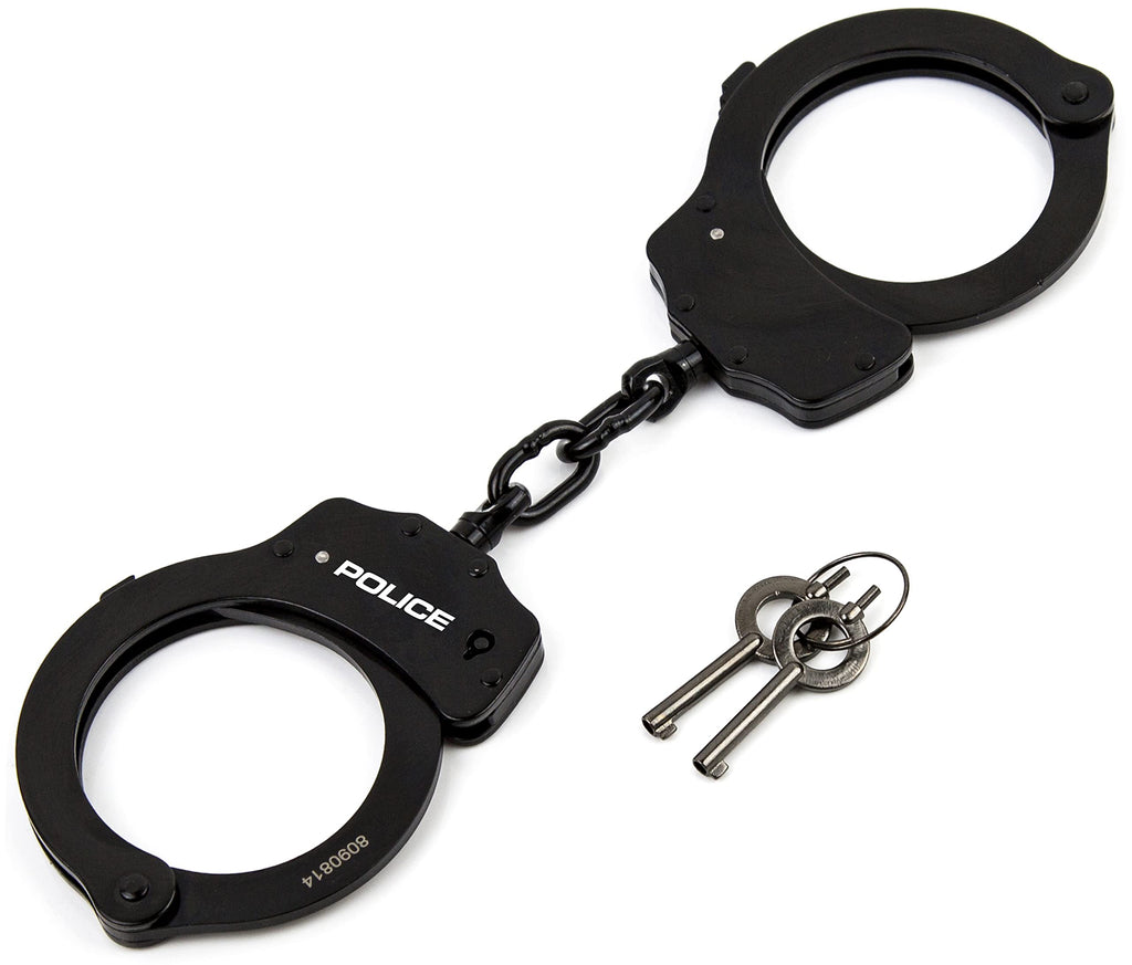 Police Handcuffs Double Lock Steel Professional Law Enforcement Heavy Duty Metal - Black
