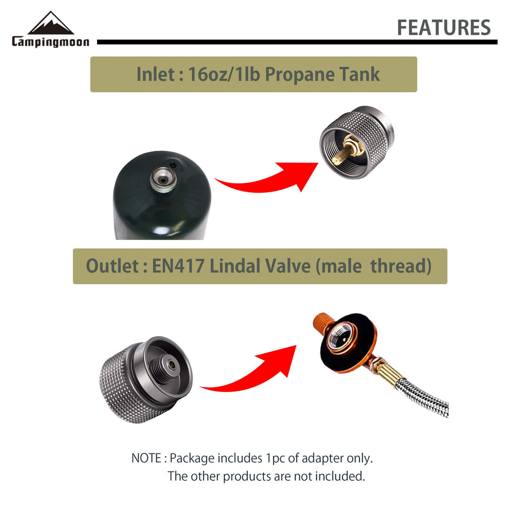 Campingmoon Small Propane To Butane Adapter, Input: 16Oz/1Lb Small Propane Canister, Output: En417 Lindal Valve Z22