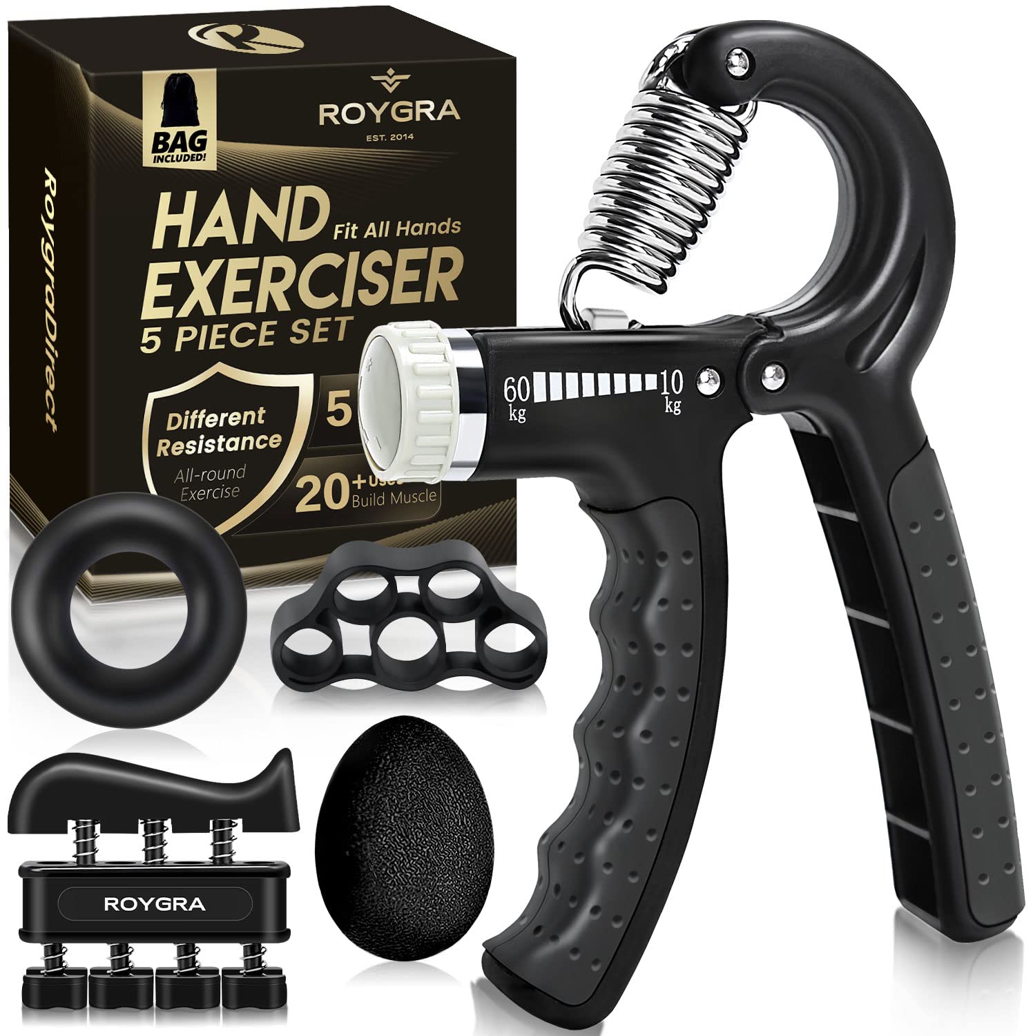 Roygra Grip Strength Trainer, Forearm Workout, Hand & Finger Exerciser - 5 Pack (Black)