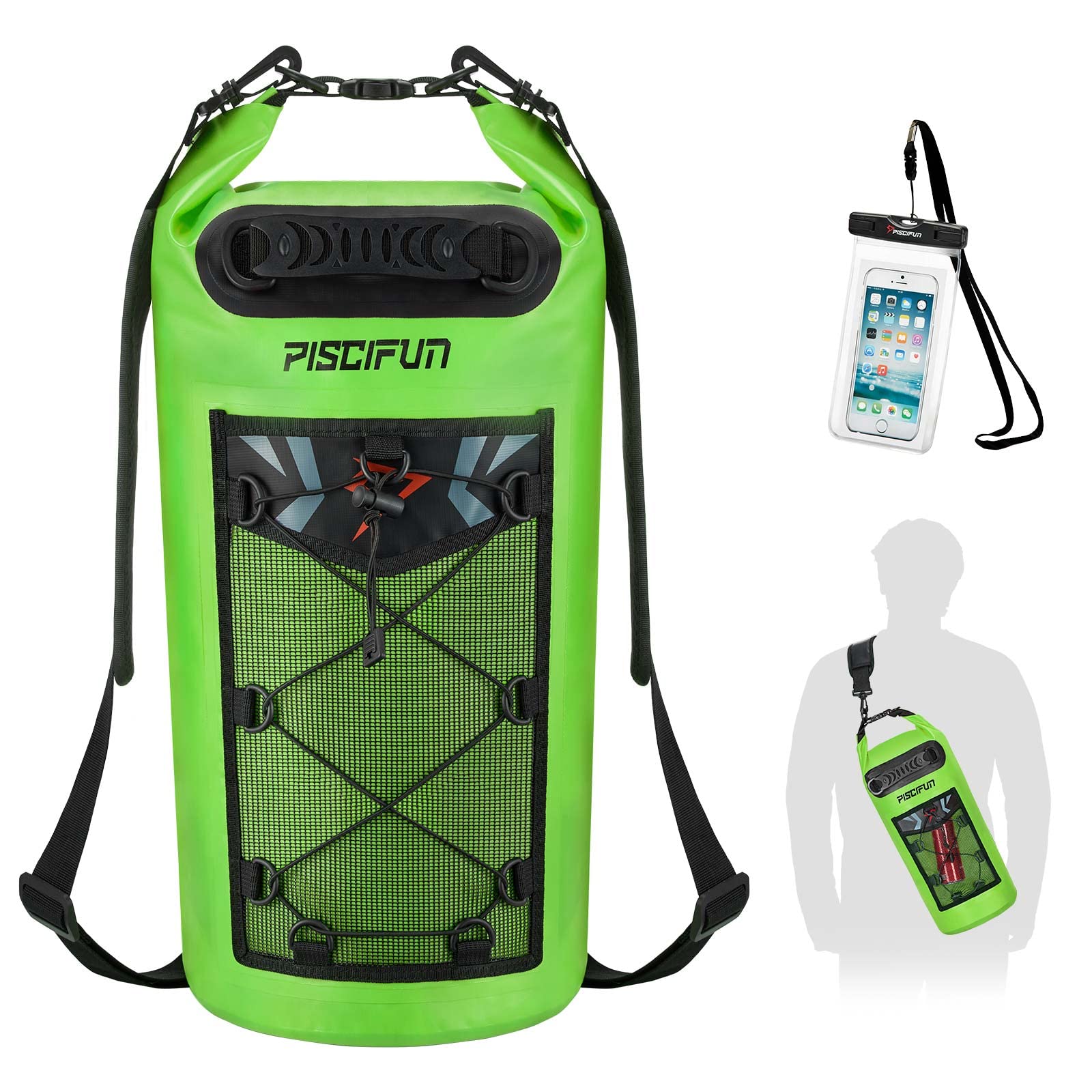 Piscifun Dry Bag, Waterproof Floating Backpack 10L with Waterproof Phone Case for Boating, Kayaking, Fishing, Light Green 10L