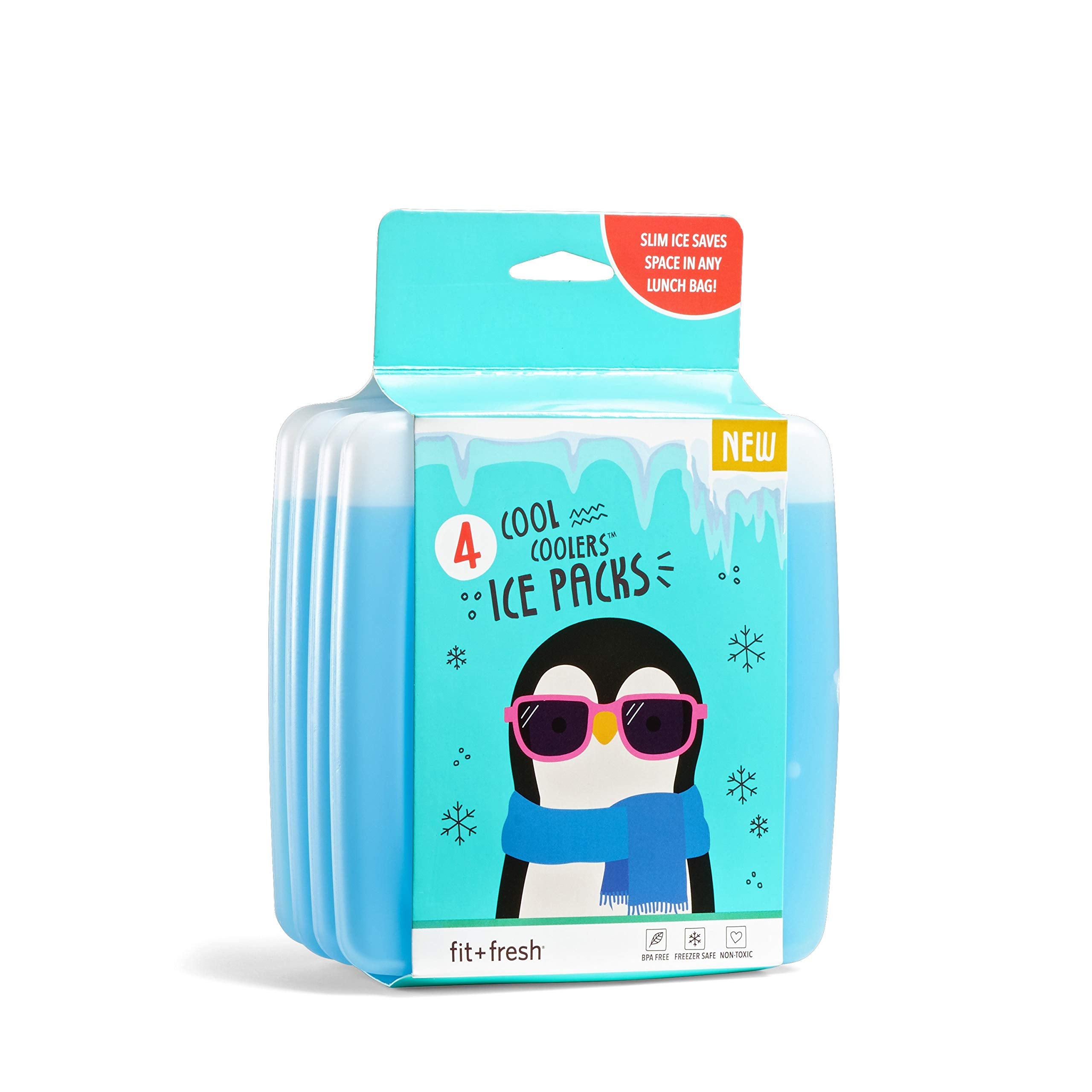 Cool Coolers by Fit + Fresh, 4 Pack Slim Ice Packs, Space Saving Reusable Ice Packs for Lunch Boxes or Coolers, Blue, Single Pac