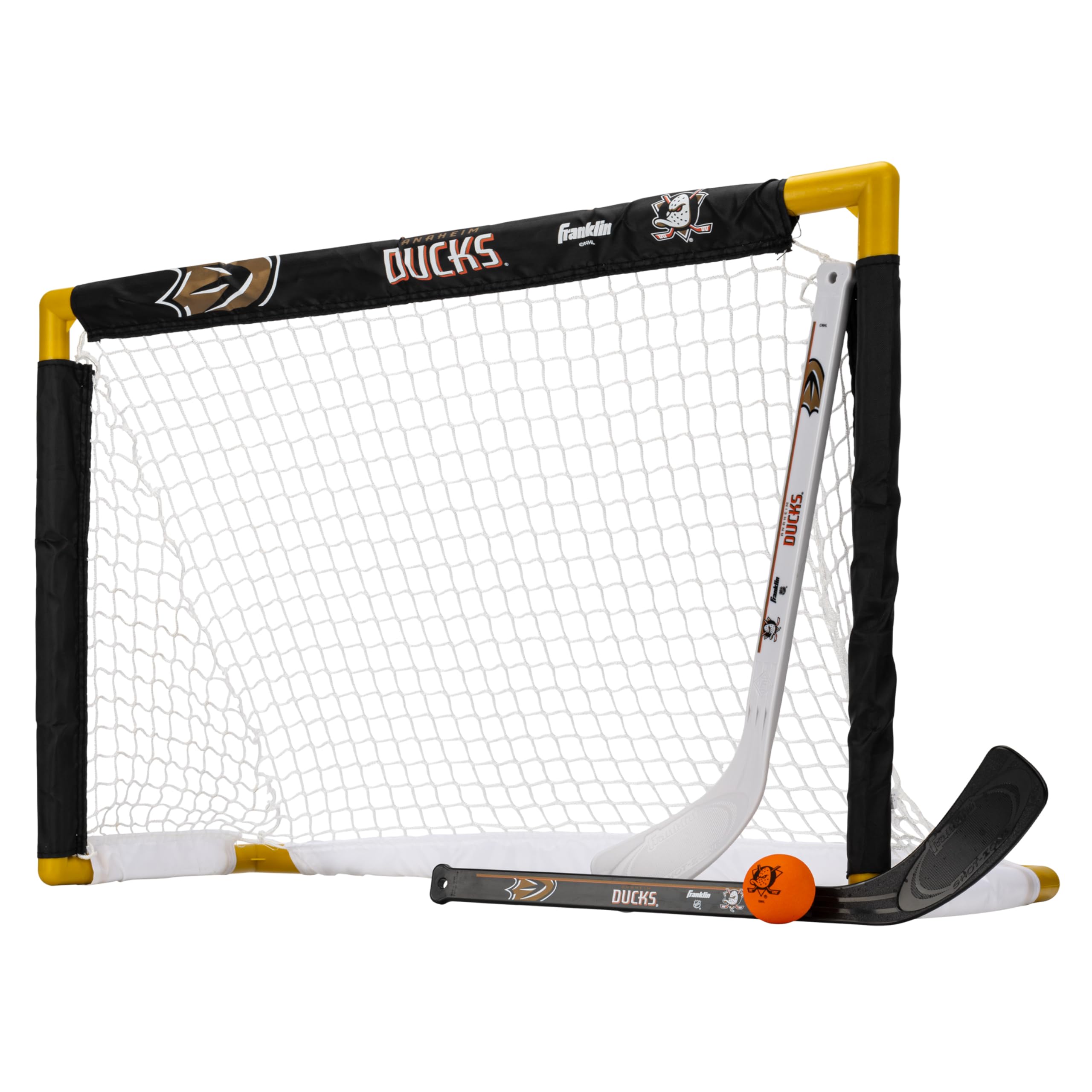 Franklin Sports Nhl Anaheim Ducks Mini Hockey Set - Kids Indoor Knee Hockey Goal, Ball, + 2 Mini Hockey Stick Combo Set - Youth