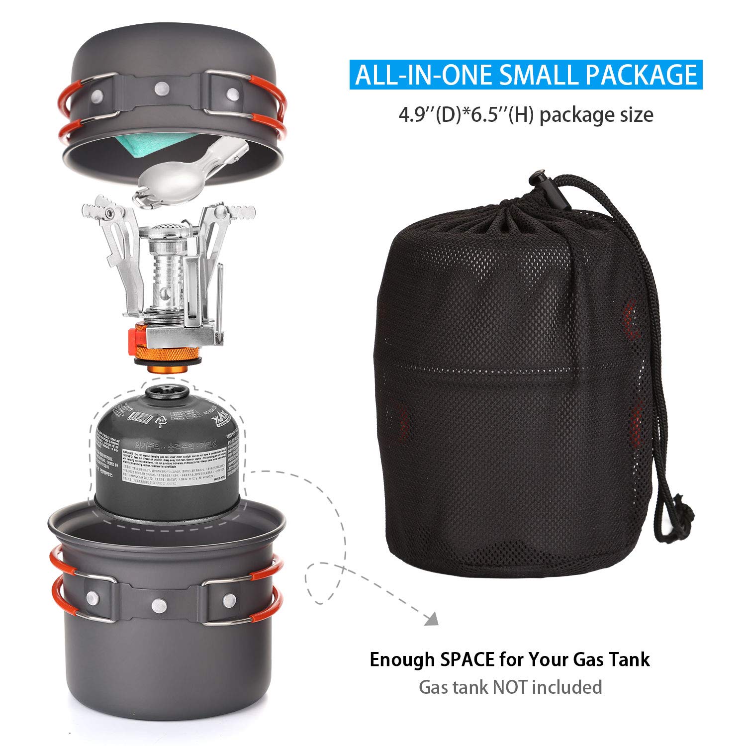 Odoland 6Pcs Camping Cookware Mess Kit With Lightweight Pot, Stove, Spork And Carry Mesh Bag, Great For Backpacking Outdoor Camp