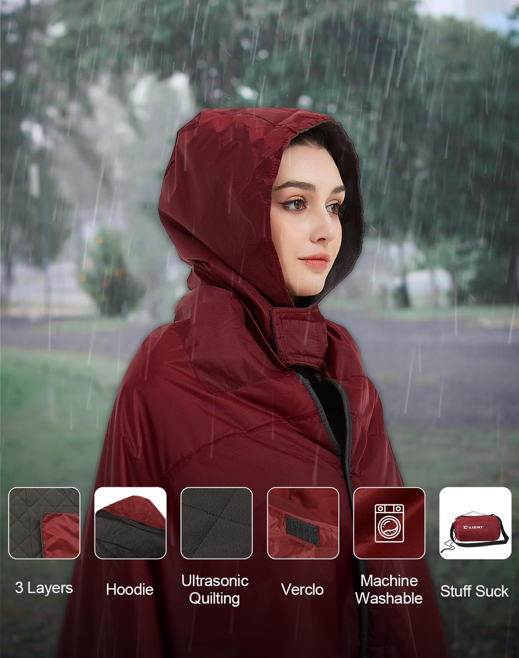 C-Light Outdoor Hooded Blanket, Wearable Stadium Blankets Waterproof Windproof, Emergency Warm Blanket For Rain&Cold Weather - P