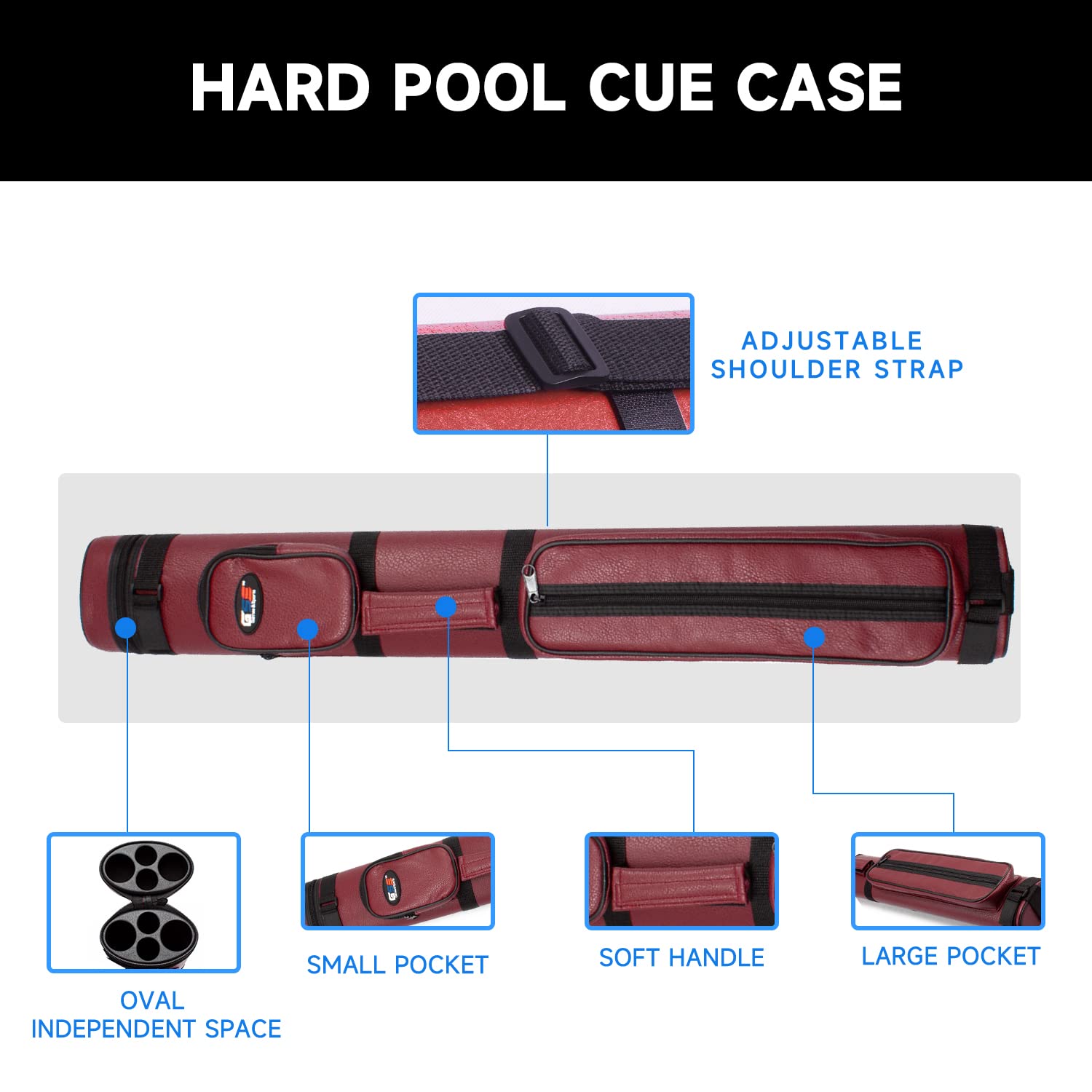 Gse 2X2 Deluxe Hard Billiard Pool Cue Stick Carrying Case, Billiard Cue Case, Billiards Accessories (Oval - Burgundy)