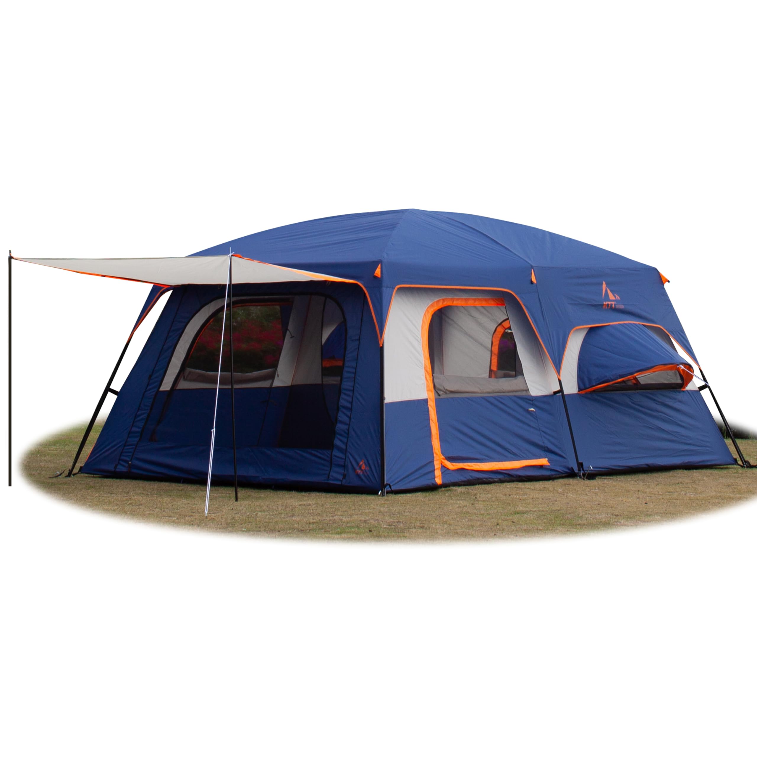 Ktt Extra Large Tent 12 Person,2 Bay-Windows,Family Cabin Tents,14'Lx10'Wx6.58'H,2 Rooms And 3 Doors 3 Windows With Mesh,Waterpr