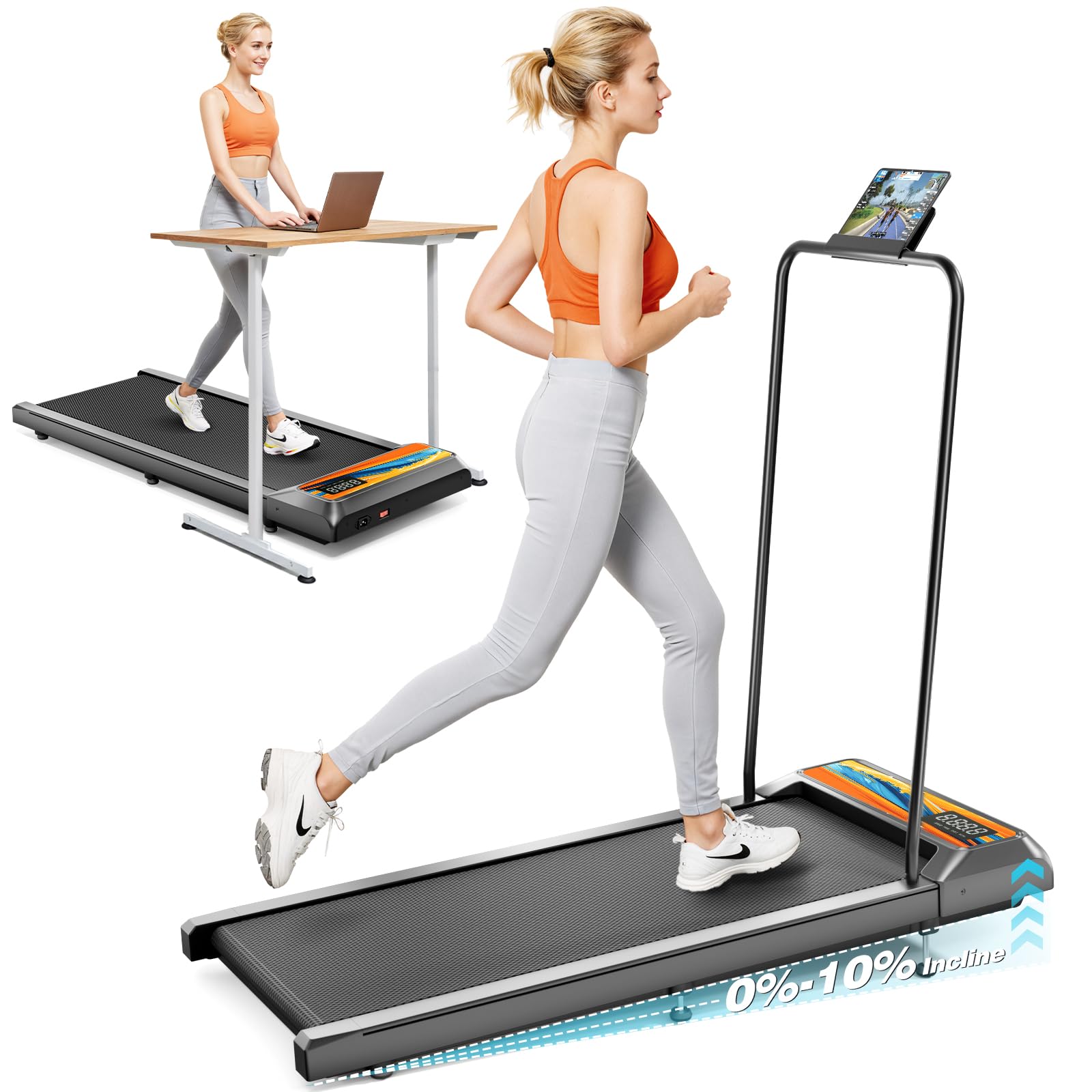 Canisflax Walking Pad Treadmill with 10% Incline, 450LBS Capacity 2.5HP Under Desk Treadmill LED Display, 4 in 1 Portable Small 