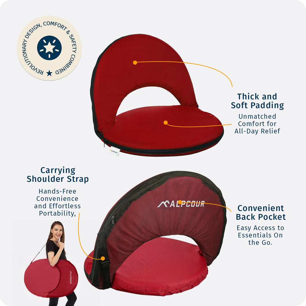Alpcour Folding Stadium Seat - Deluxe Outdoor Camping Reclining Waterproof Cushion Chair For Bleachers - Best 6-Position Back Su