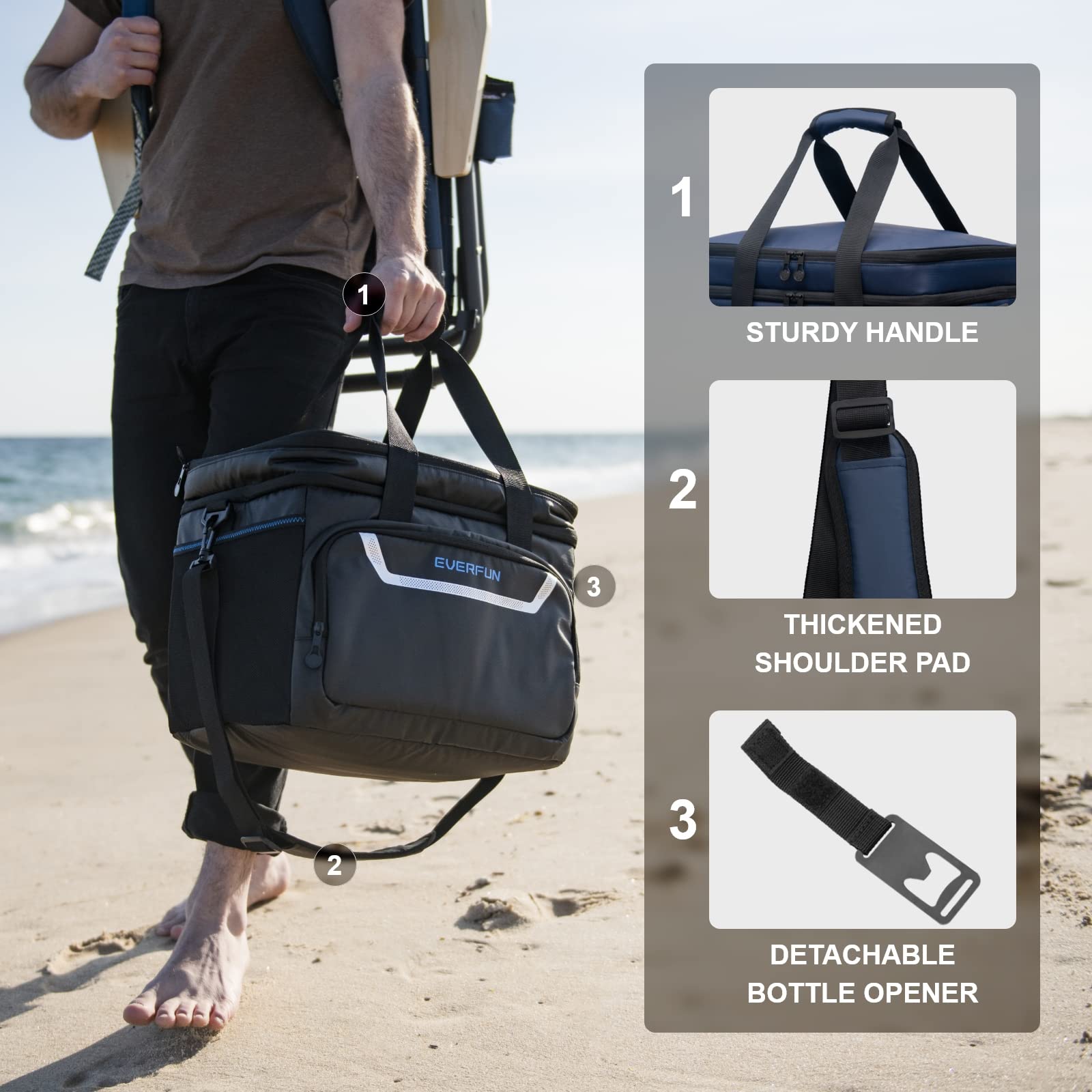 Everfun Large Soft Cooler Bag Travel Beach Insulated Cooler For Men 48 Can Dual Compartments Collapsible Waterproof Leak-Proof F