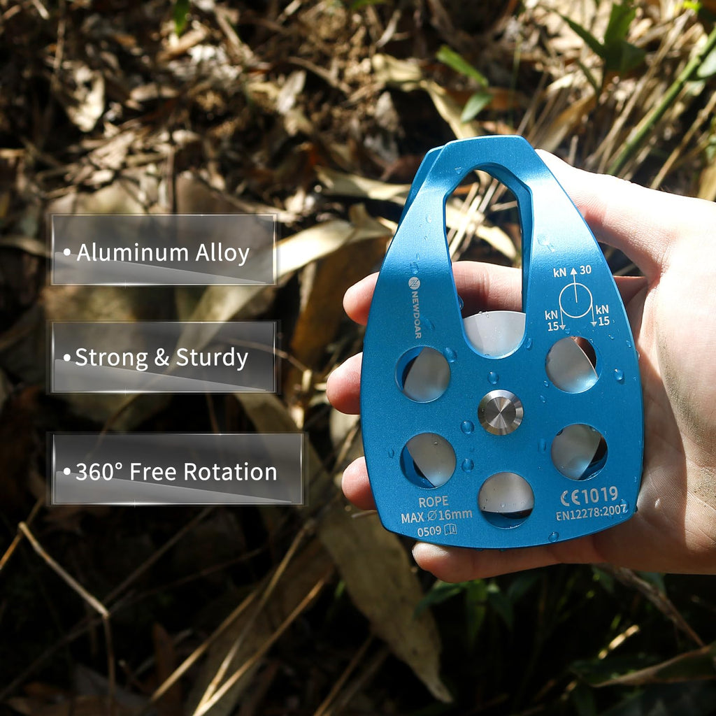Newdoar 30Kn Ce Certified Large Rescue Pulley Single Sheave With Swing Plate For Outdoor Mountaineering Rock Climbing Rescue(Blu