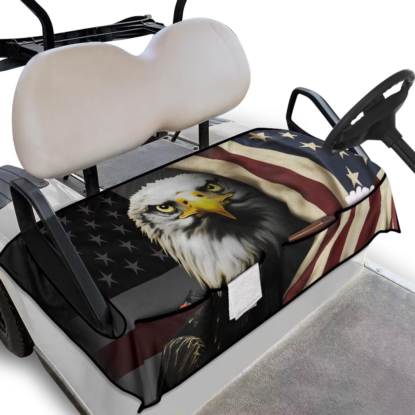 Knextrepoy American Flag Eagle Golf Cart Seat Covers with 4 Front Pockets Universal Golf Cart Seat Covers 2 Passenger Heavy Duty