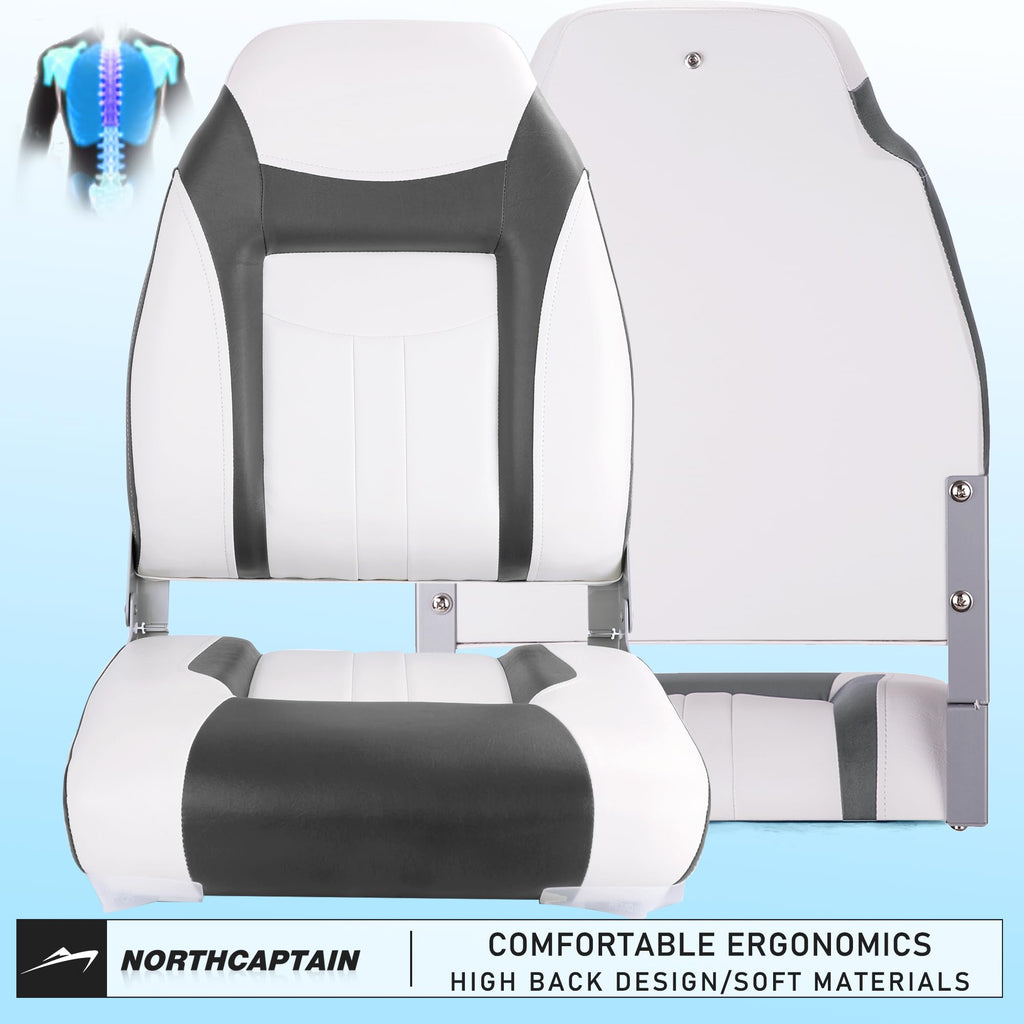 Northcaptain S1 Deluxe A Pair Of Marine High Back Folding Fishing Boat Seat,Stainless Steel Screws Included,White/Charcoal(2 Sea