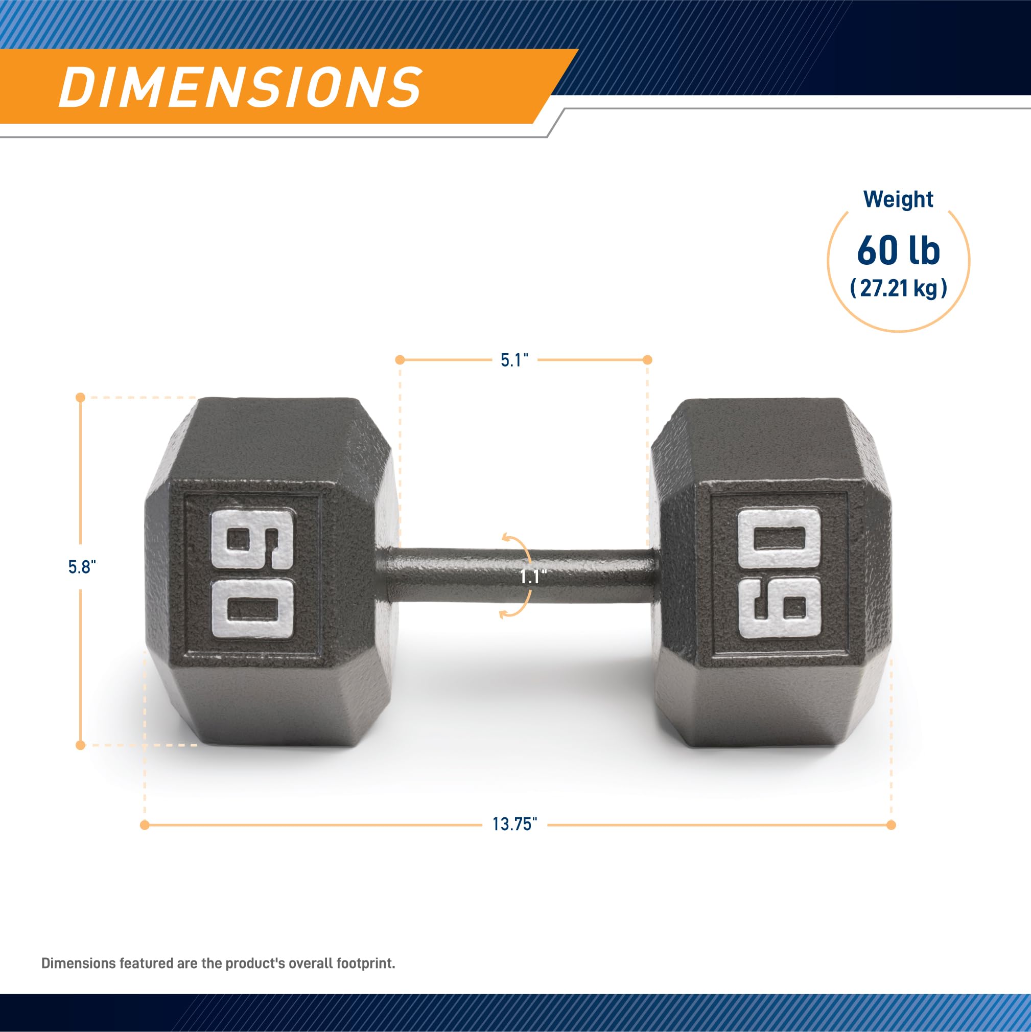 Marcy 60lb Cast Iron Hex Dumbbell, Single, IV-2060, Black, 60lbs