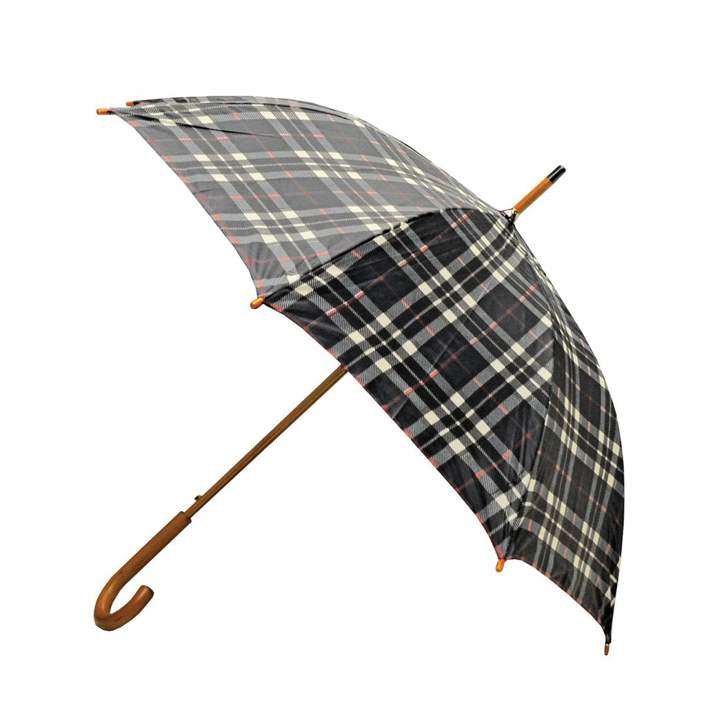 Rainbrella Classic Auto Open Umbrella With Real Wooden Hook Handle, Black Plaid, 46''