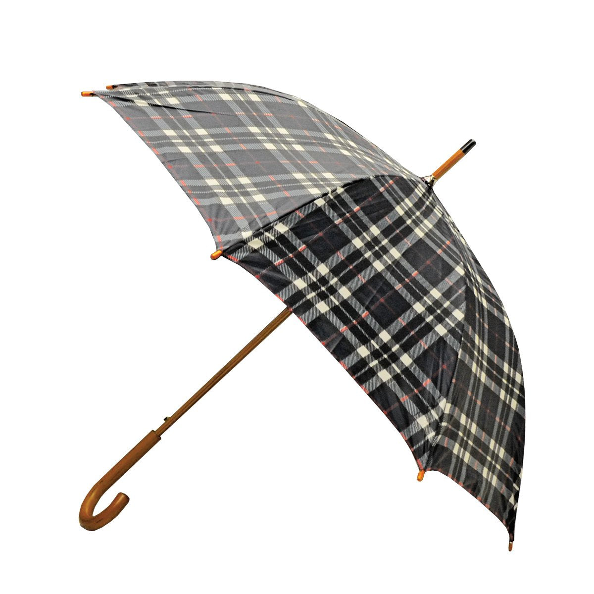 Rainbrella Classic Auto Open Umbrella With Real Wooden Hook Handle, Black Plaid, 46''