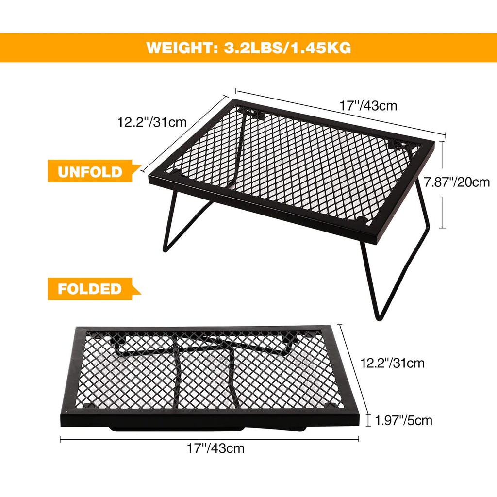 Campmax Folding Campfire Grill Grate, Portable Heavy Duty Steel Over Fire Camp Grill For Outdoor Camping Cooking Fire Pit, Black