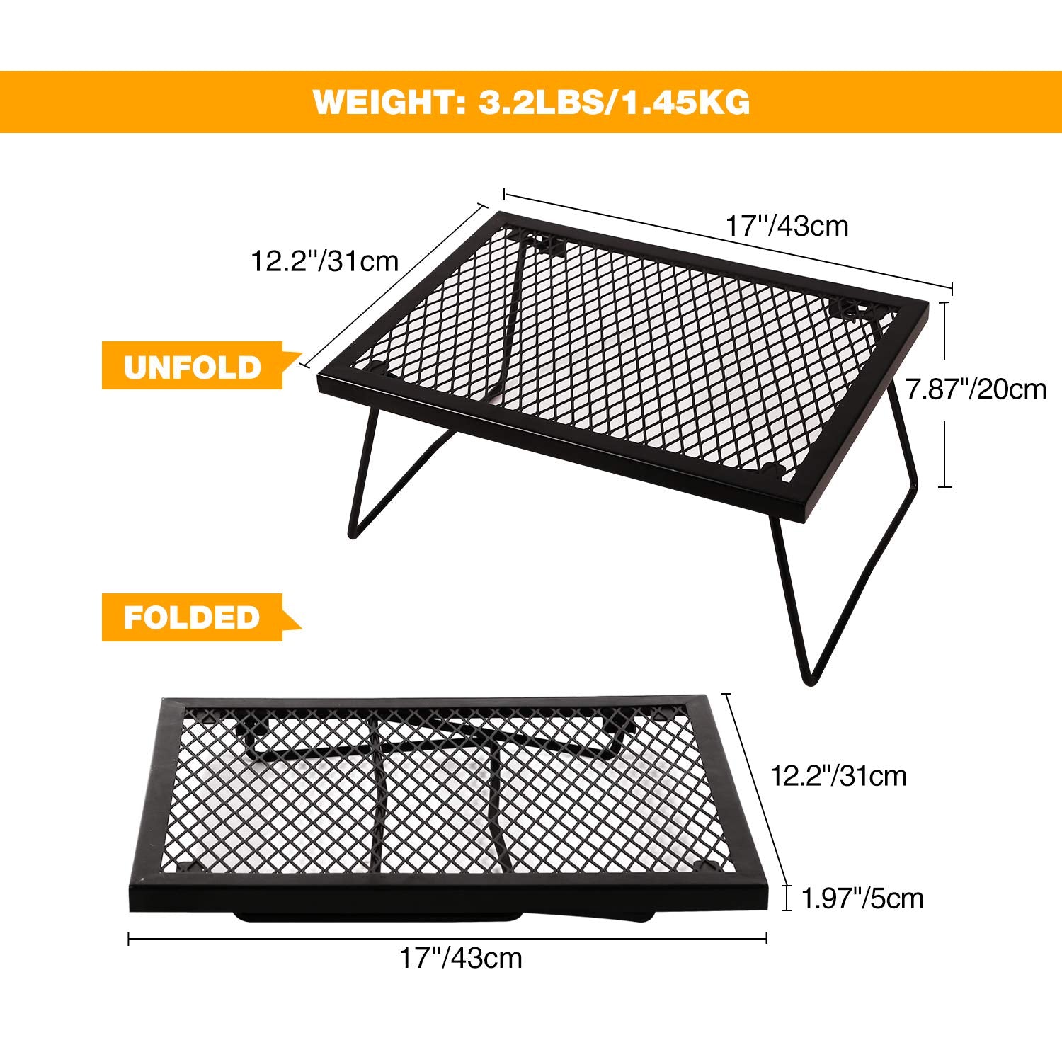 Campmax Folding Campfire Grill Grate, Portable Heavy Duty Steel Over Fire Camp Grill For Outdoor Camping Cooking Fire Pit, Black
