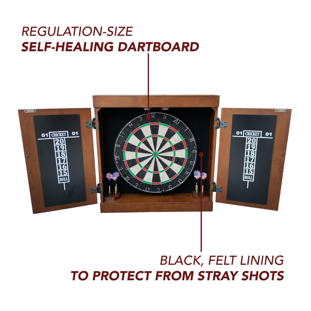 Hathaway Farmington Dartboard And Cabinet Set - Includes 18-In Dartboard, Steel-Tip Darts, Chalk Scoreboards - Perfect For Famil
