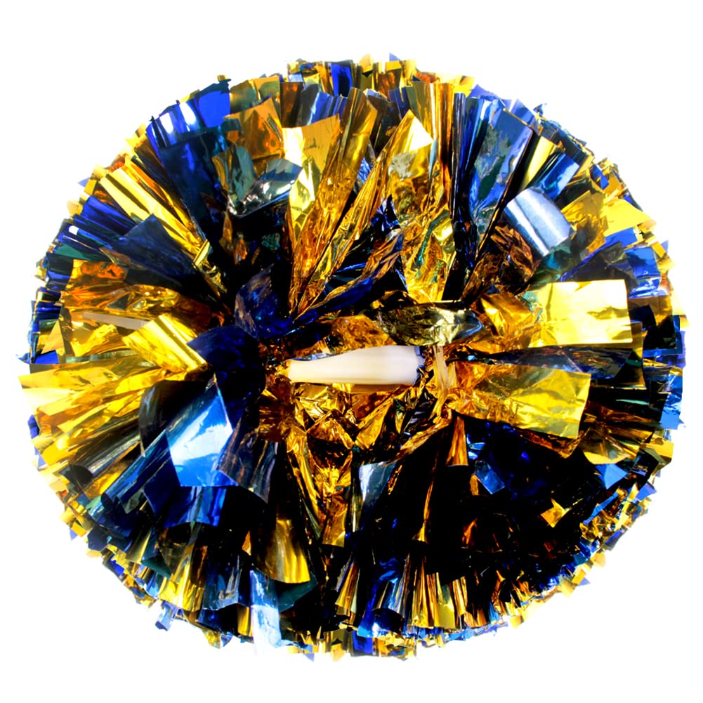 Lovecheer 2Pcs Pom Poms Cheerleading Blue And Gold Metallic Cheer Pom Poms With Baton Handle For Sports Team Spirit Party Cheeri