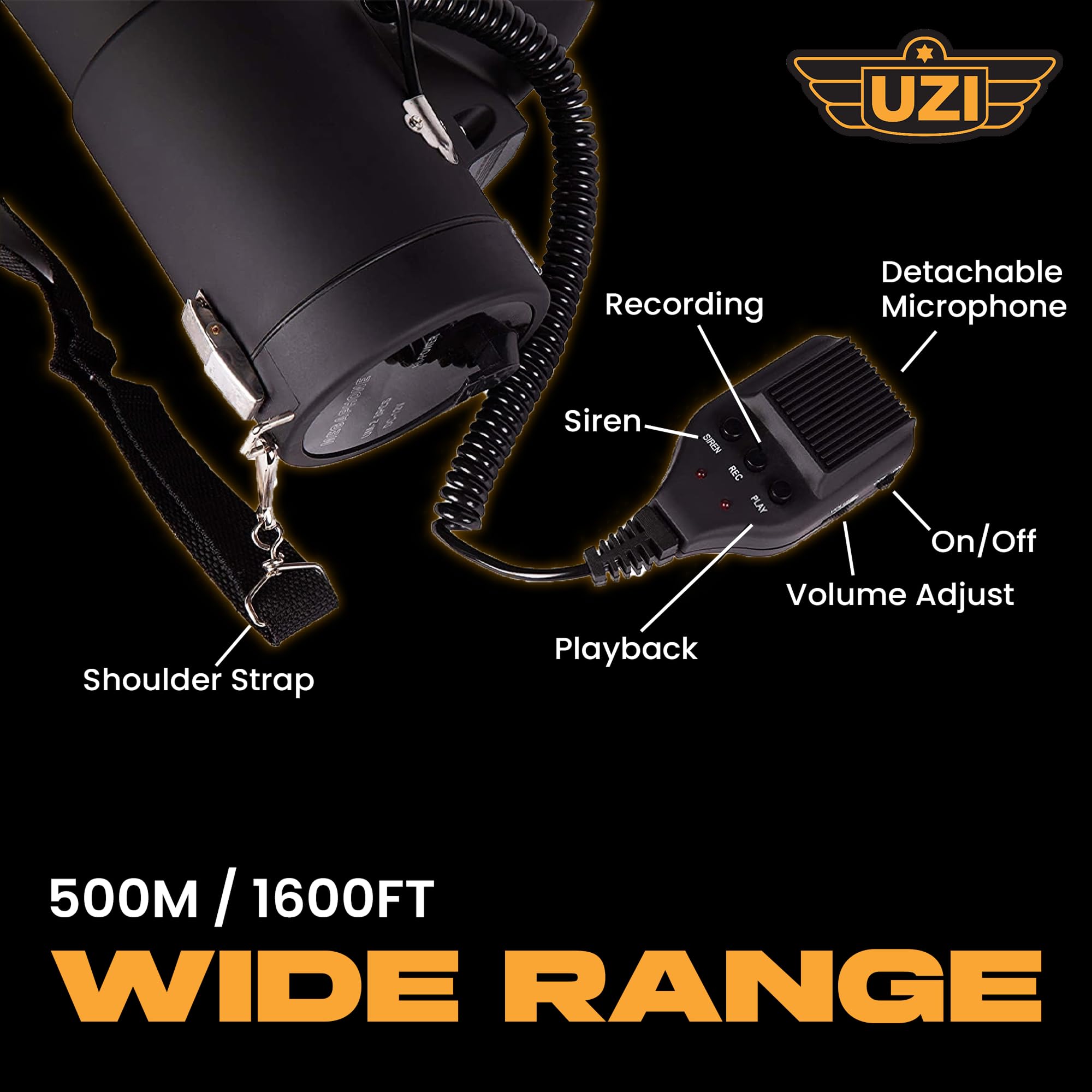 Uzi High Power Loud Big Bluetooth Megaphone 50W, Real Siren, Bullhorn, Rechargeable Battery, Portable Speaker, Pa System, Adjust