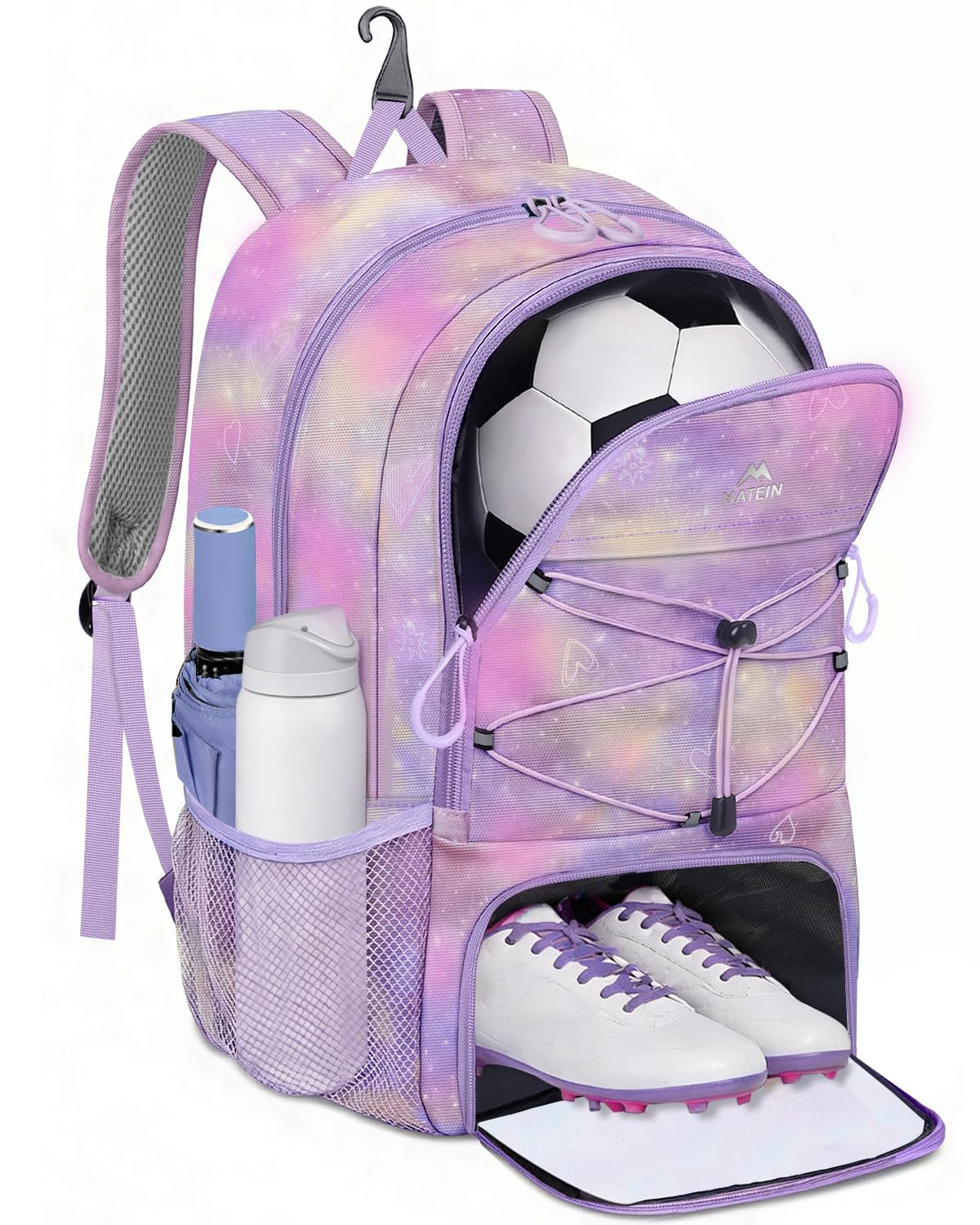 MATEIN Girls Soccer Bag, Sports Equipment Backpack with Ball & Shoe Compartment, Water Bottle Pockets and Fence Hook, Lightweigh