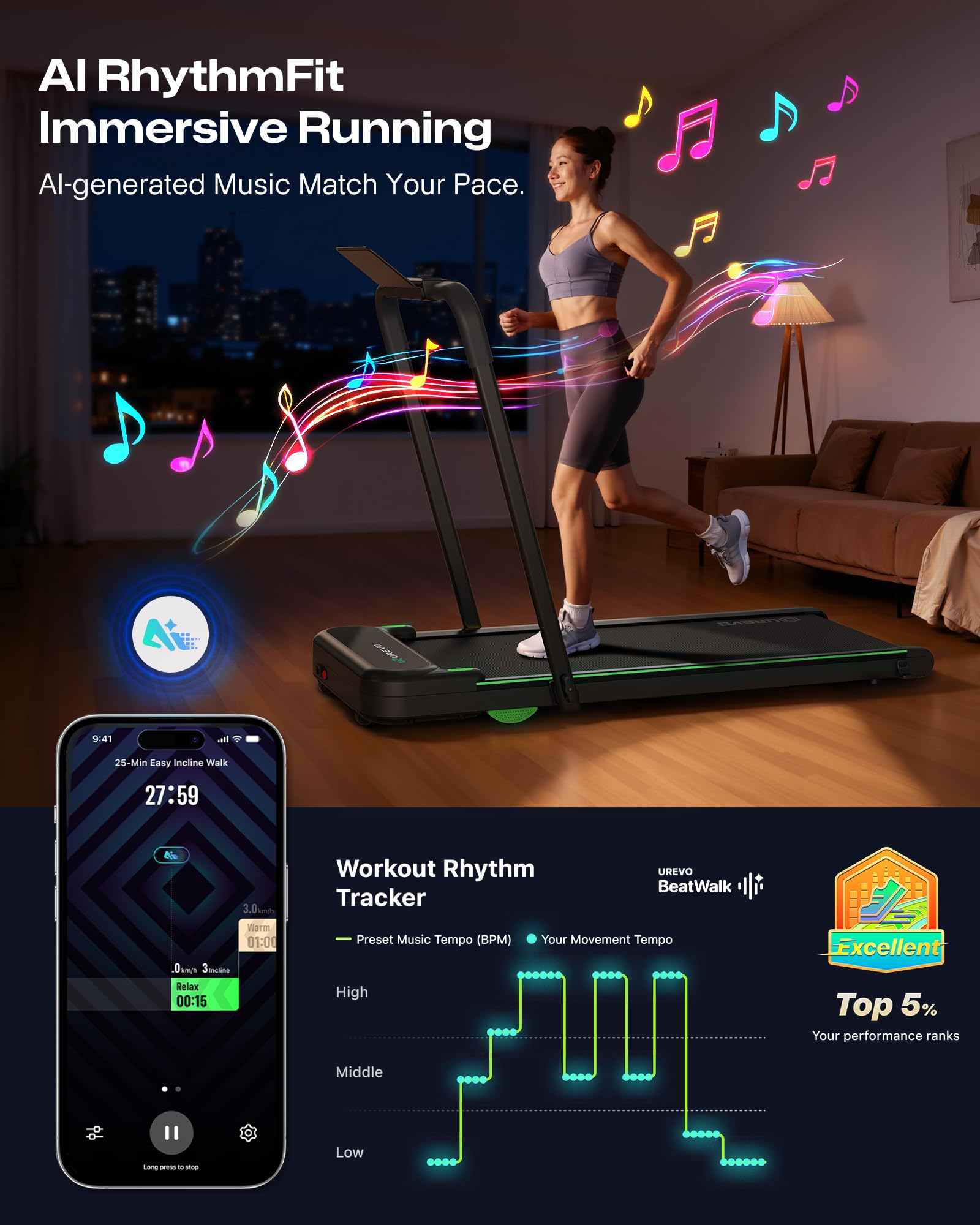 UREVO Strol 2E Smart 2-in-1 Folding Treadmill, Compact Walking Pad with Safety Handle, Plug and Play, Dual LED Display, Workout