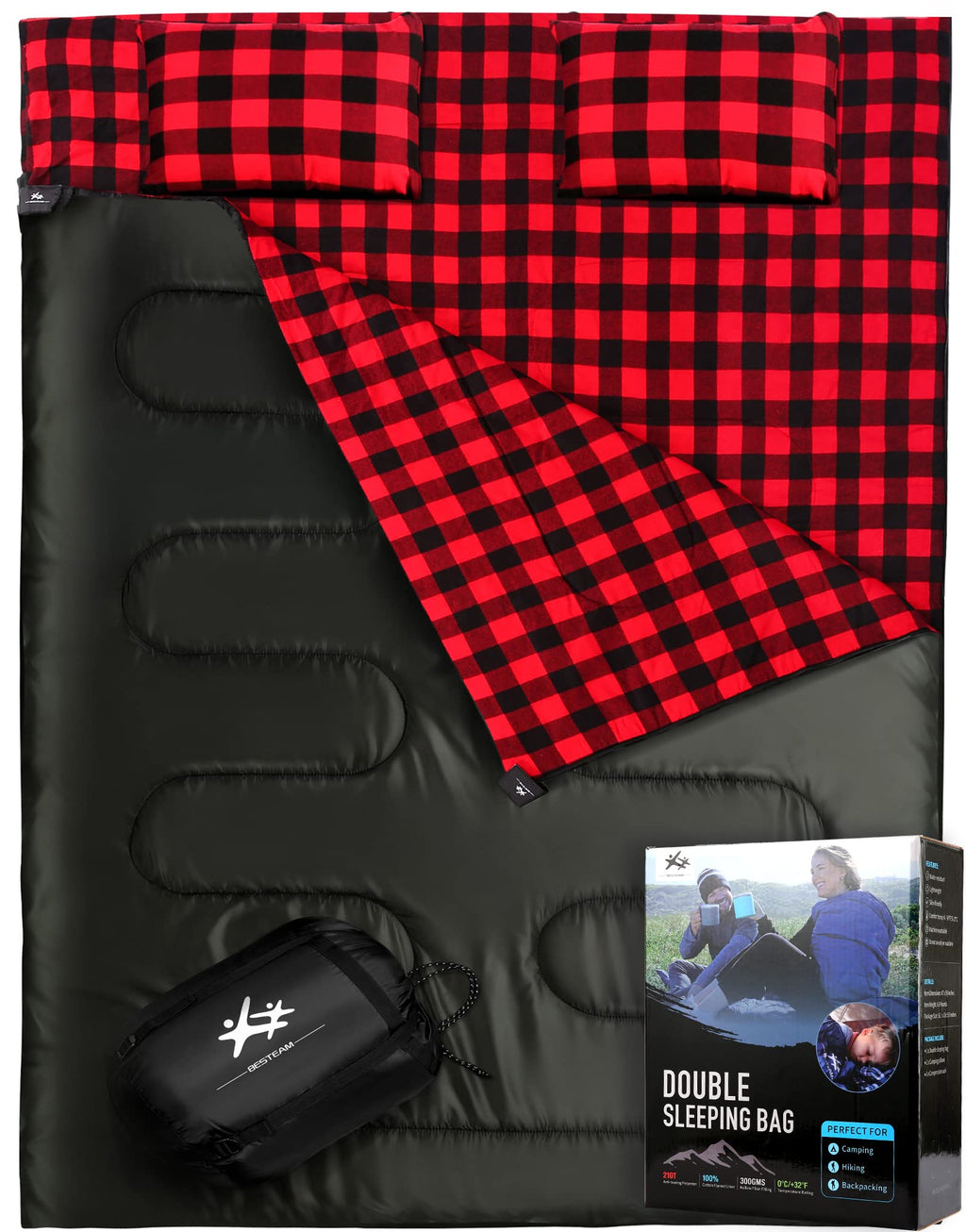 Besteam Double Sleeping Bag Backpacking, Hiking, Family Camping, Traveling. Queen Size Xl Truck, Tent, Sleeping Pad. 2 Person Wa