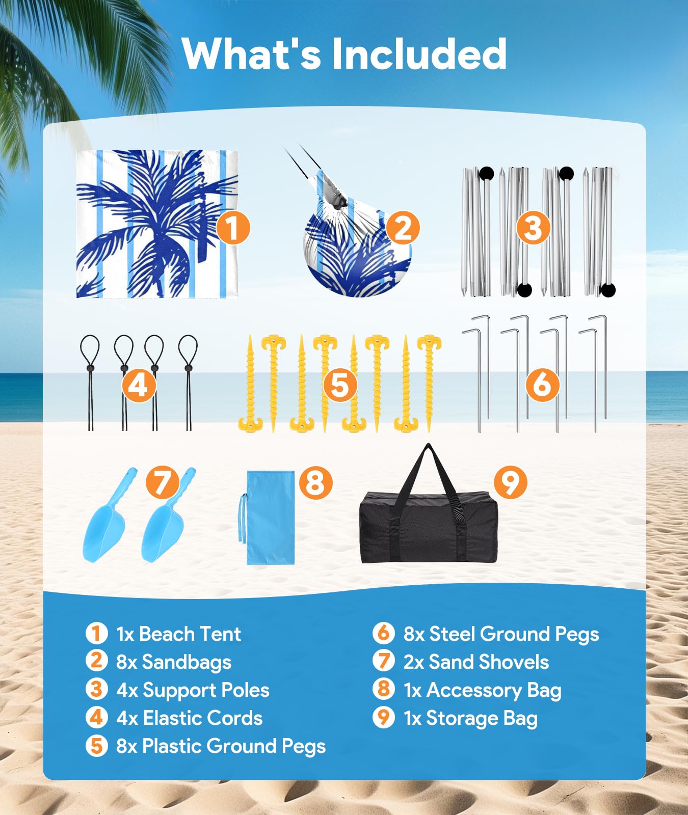 Raynesys Beach Tent Sun Shelter, 10 X 10 Ft Beach Canopy Tent Sun Shade, Upf50+ Tents Canopy With 8 Sandbags & 4 Stability Poles